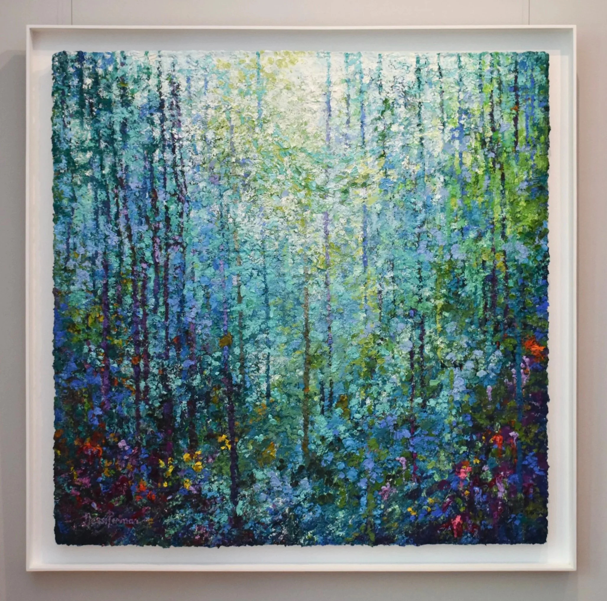 An impasto impressionist painting of a forest scene with vertical tree trunks and dense foliage in shades of green, purple, blue, white, with accents of red, yellow, and pink.