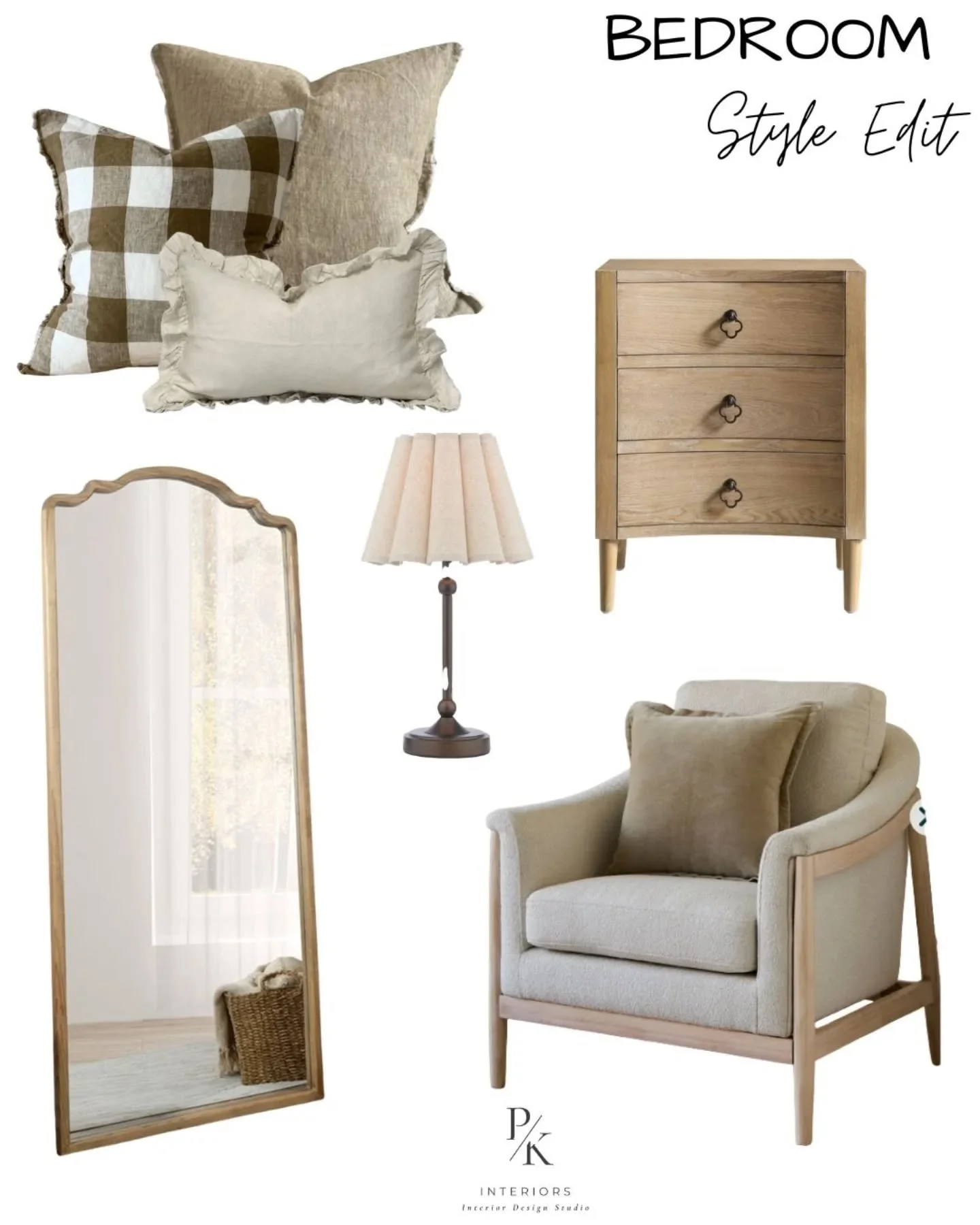 GET THE LOOK 🤎
Bedroom Style Edit &ndash; soft, warm &amp; timeless.

I always say the magic is in the layering:
➡️Natural wood tones 
➡️Textured neutrals 
➡️A touch of pattern 
➡️Soft lighting

This combination creates a bedroom that feels calm, co