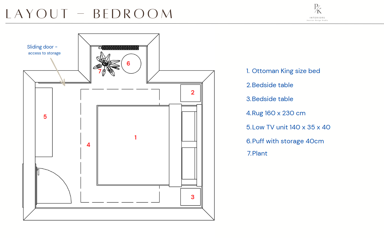 Layout plan of a bedroom showing numbered furniture and items including an ottoman king-sized bed, two bedside tables, rug, low TV unit, puff with storage, and a plant, along with a sliding door for storage access.