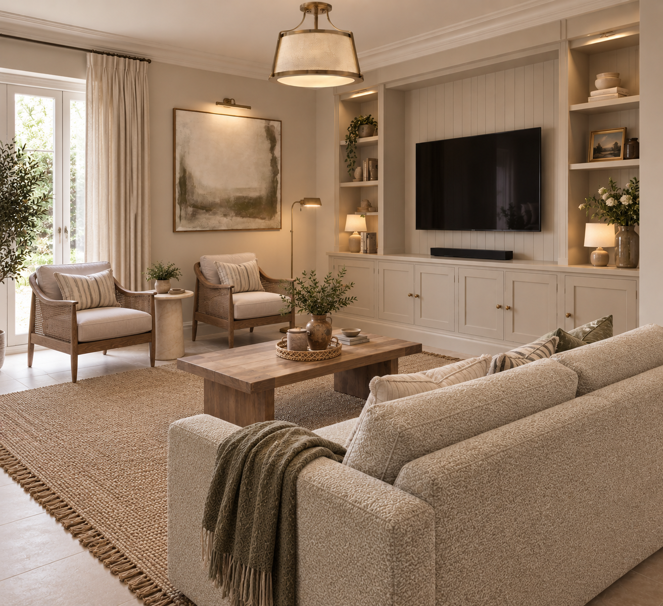 A cozy living room with a beige sofa, two armchairs, a wooden coffee table with plants, a large wall-mounted TV, built-in shelves with decor, a painting, glass doors with curtains, and warm lighting.
