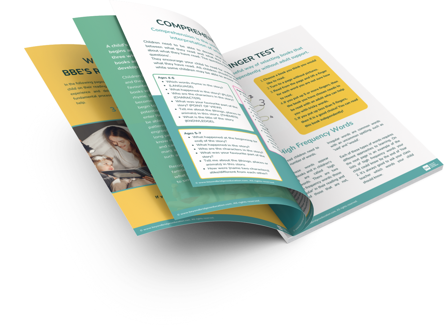 An open educational booklet showing pages with information on child reading comprehension and high frequency words. There are sections labeled "Comprehension," "The Five Finger Test," and "High Frequency Words." A small image of a woman reading to a child is visible, along with bullet points and highlighted text sections in teal and yellow colors.