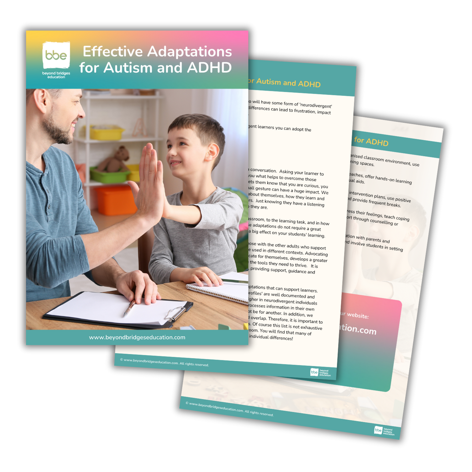 Brochure for "Effective Adaptations for Autism and ADHD" by Beyond Bridges Education, featuring an adult and child giving a high-five, with descriptive content and contact details.