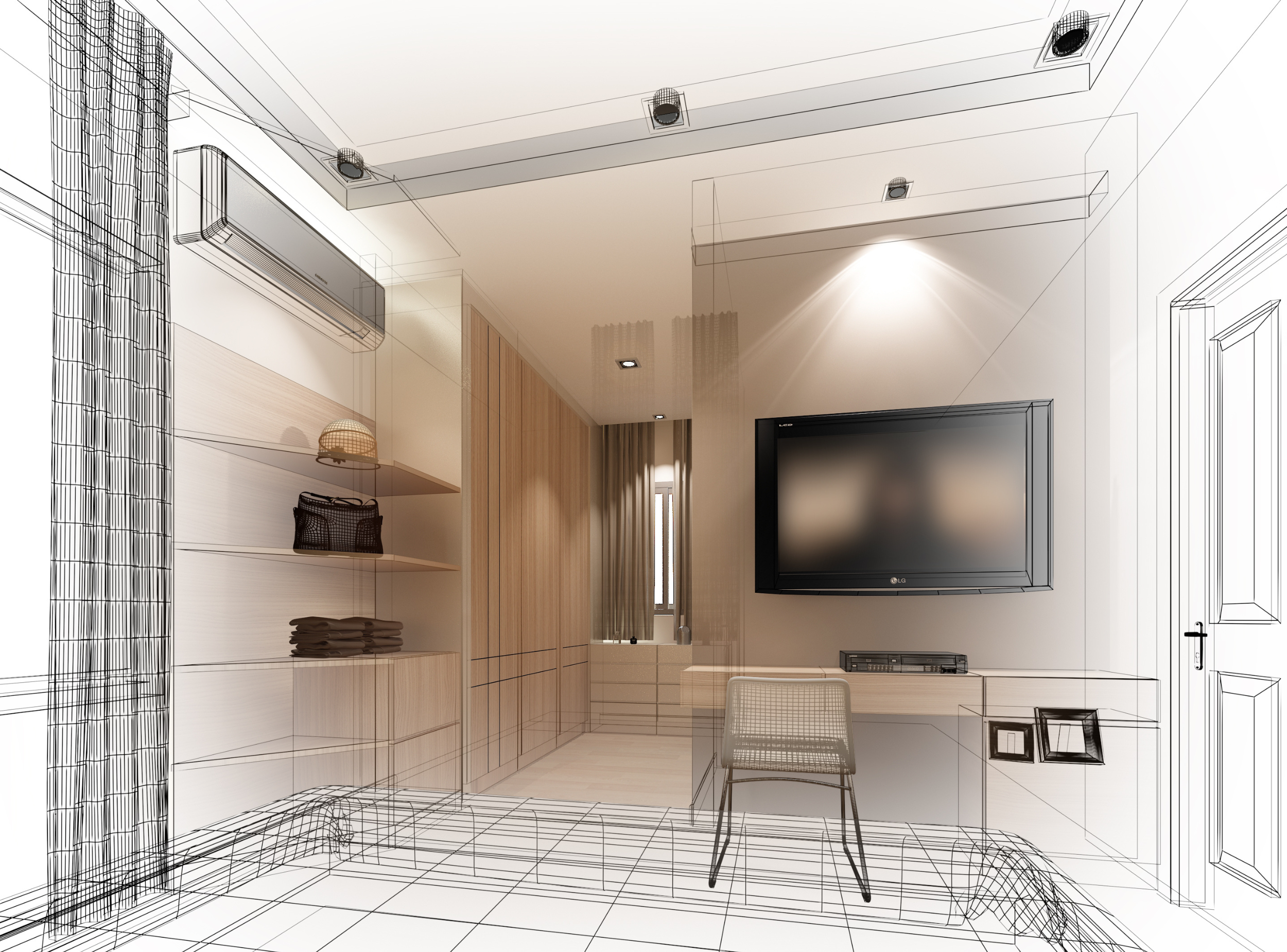 Digital rendering and sketch of a modern living room