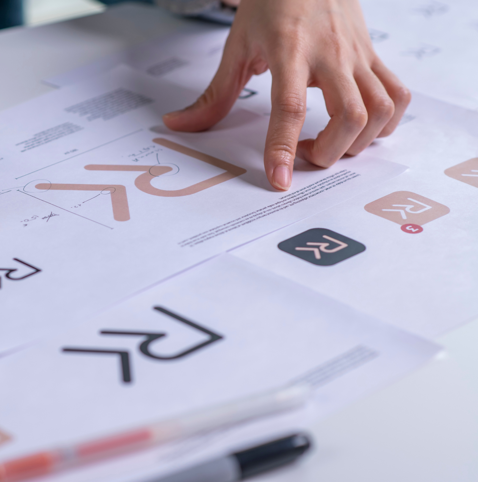 Person reviewing printed logo designs on a table with a pen nearby.