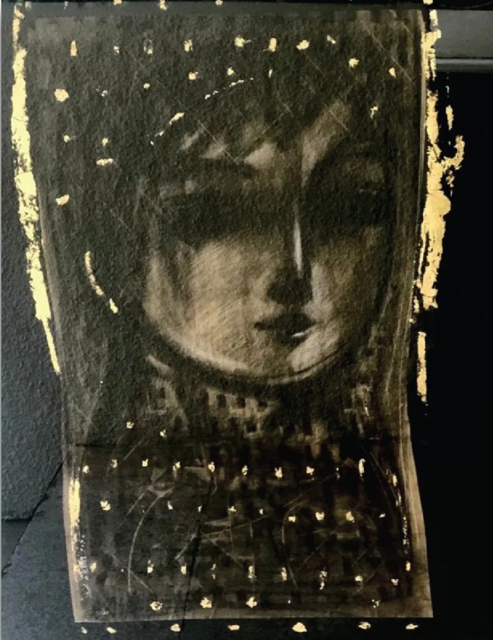 Untitled  
Charcoal and gold leaf on cardboard  
98 x 69 cm  
Price Upon Request
