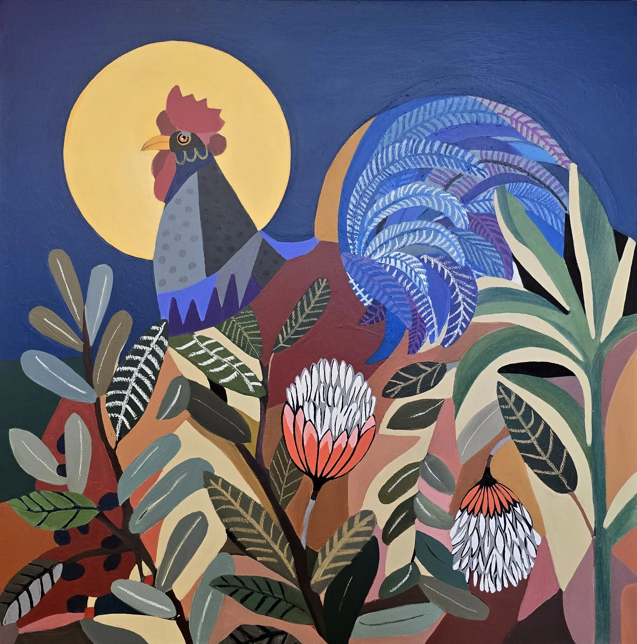 Rooster in Bloom  
Acrylic on canvas  
90 x 90 cm  
2026  
$2,500