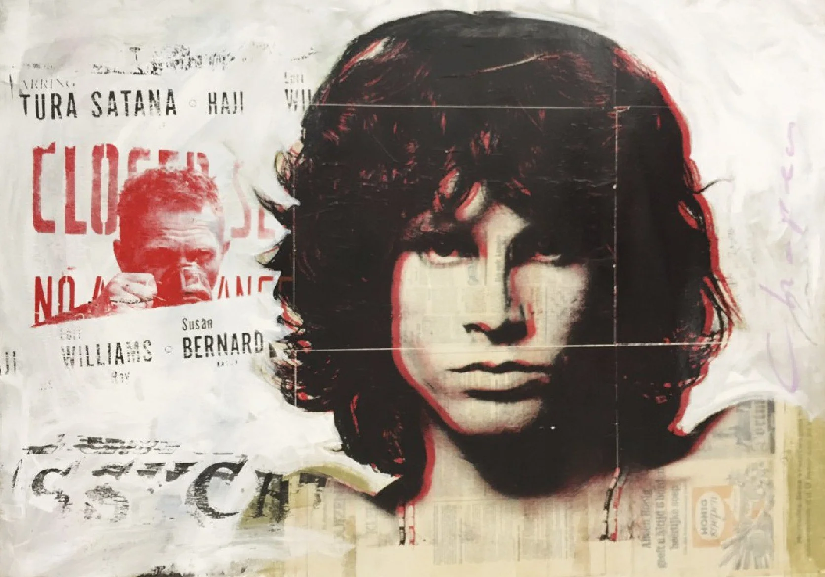 Jim Morrison  
Mixed-media and silk-screen on canvas  
105 x 150 cm  
$ 1200