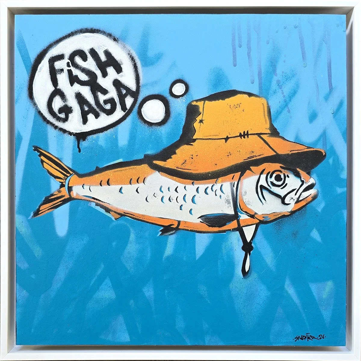 Fish GaGa 
Spray paint on canvas  
45 x 45 cm  
2026  
$450
