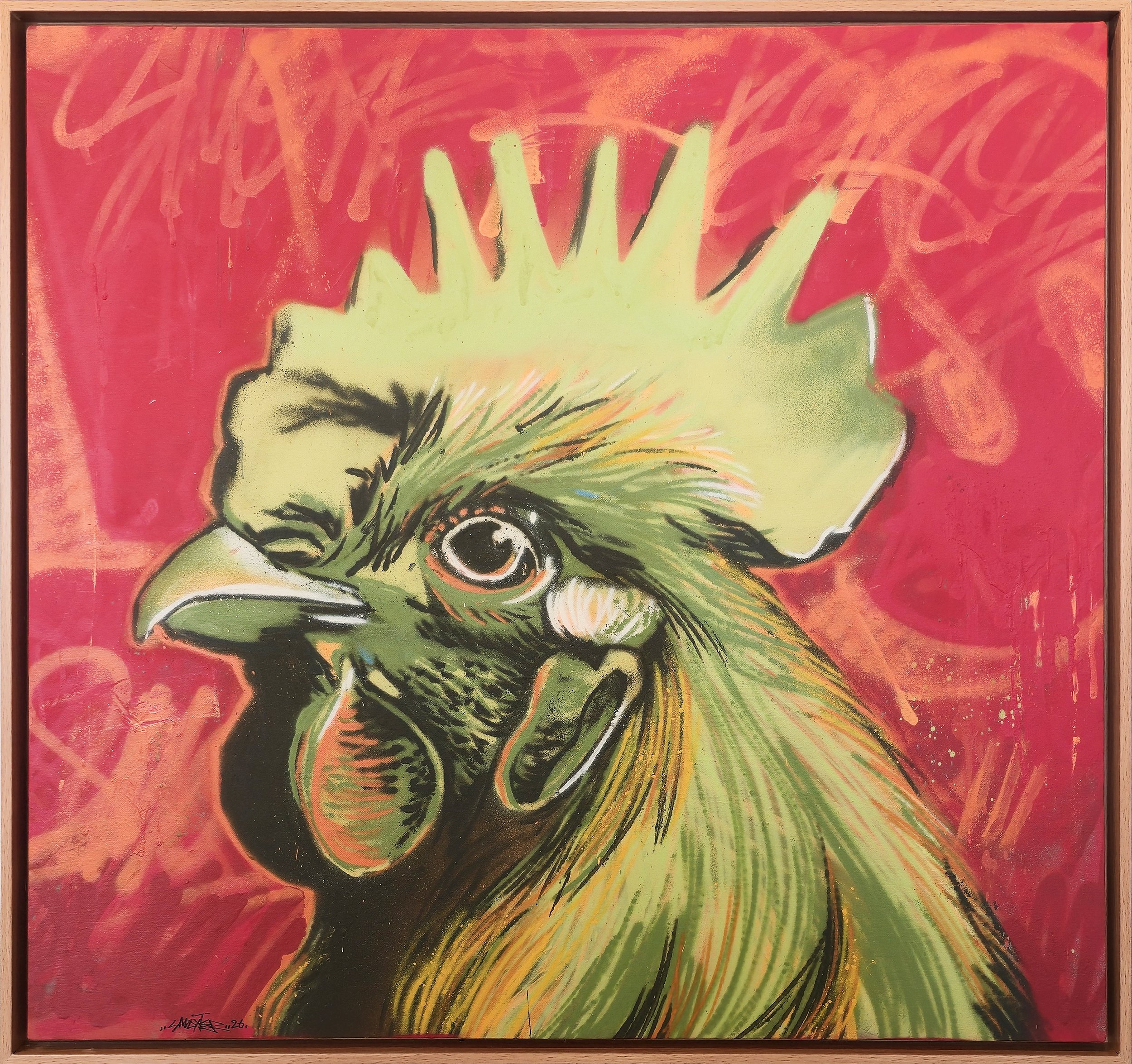 Hello My Name Is Rooster 
Spray paint on canvas  
85 x 85 cm  
2026  
$850