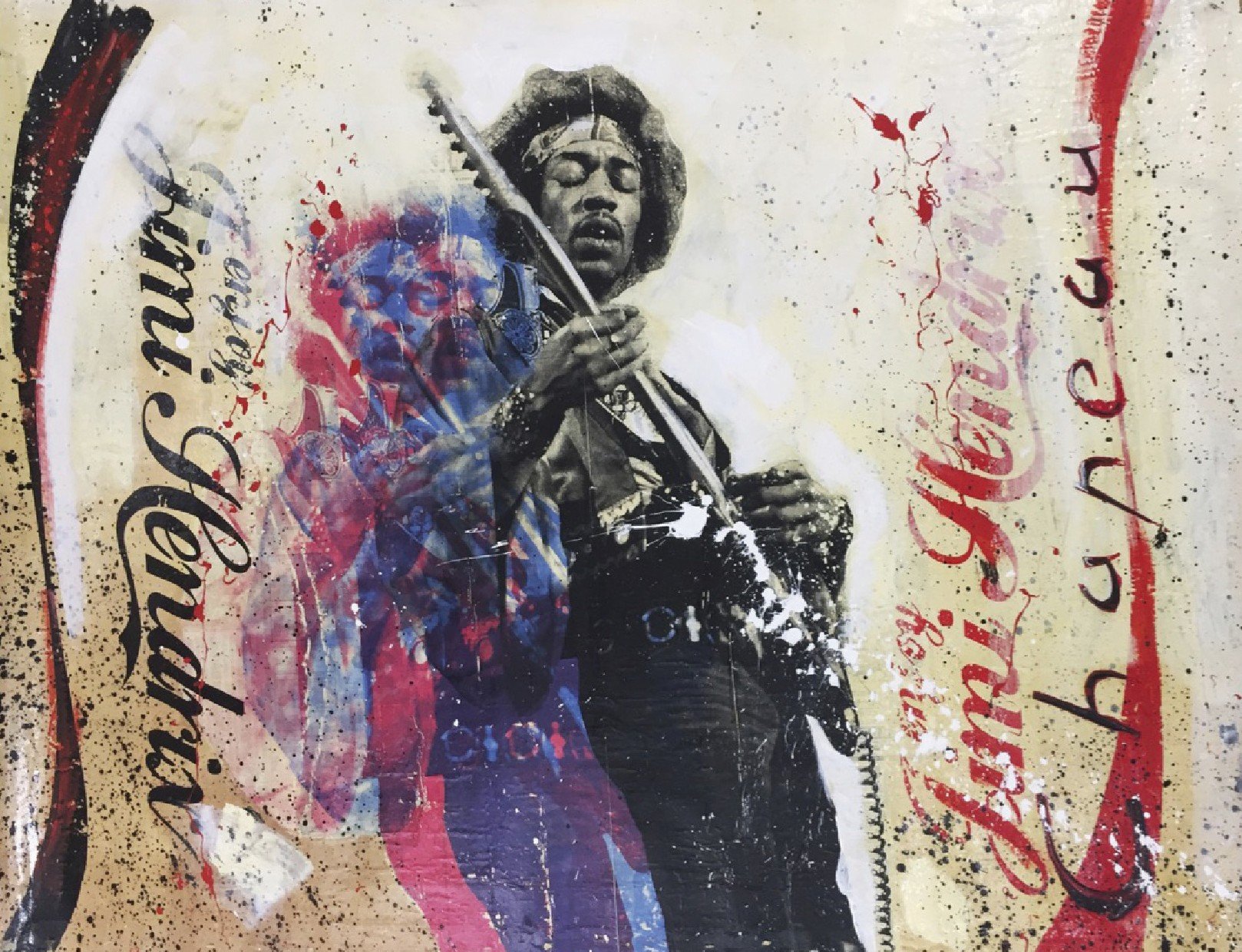 Jimi Hendrix  
Mixed-media and silk-screen on canvas  
116 x 163 cm  
$ 1200