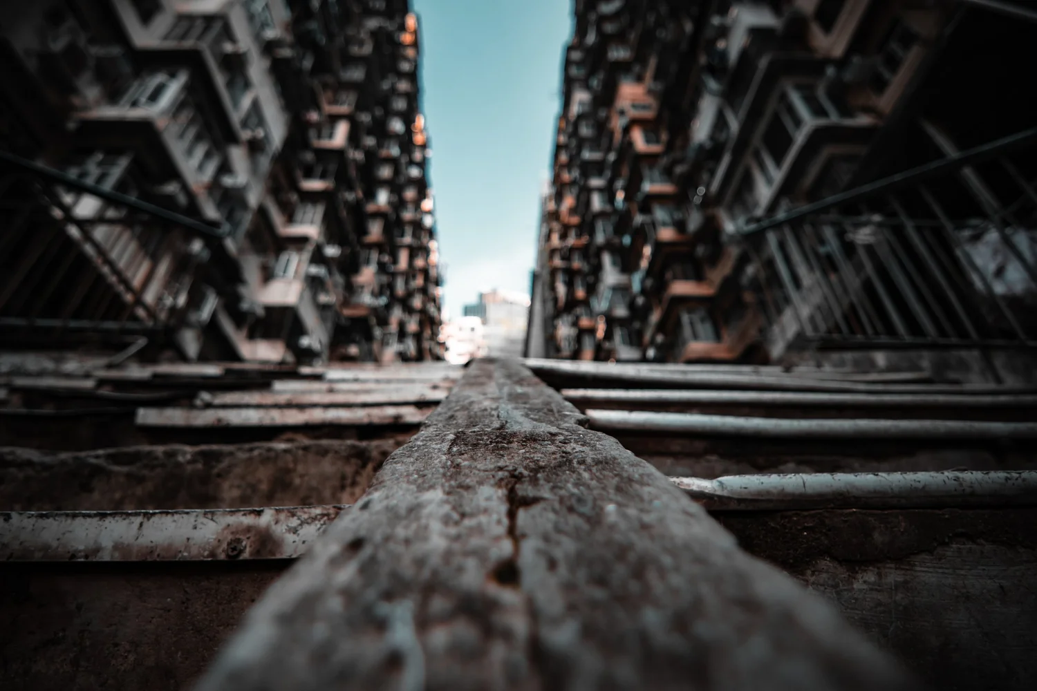 Low-angle view of old residential buildings in Hong Kong