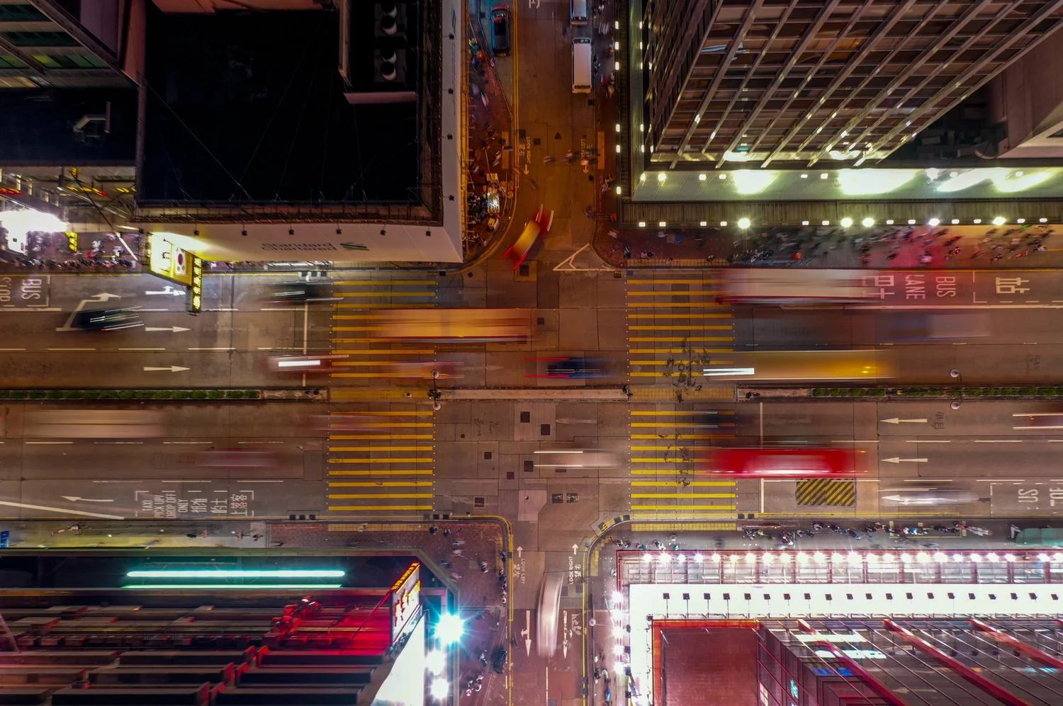 Light trails from traffic on a Hong Kong street at night
