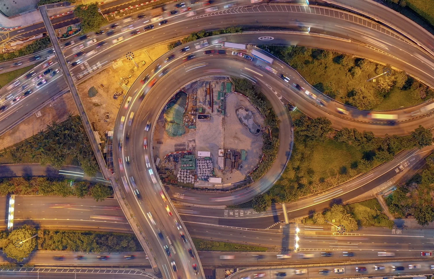 Aerial view of a Hong Kong highway interchange at dusk