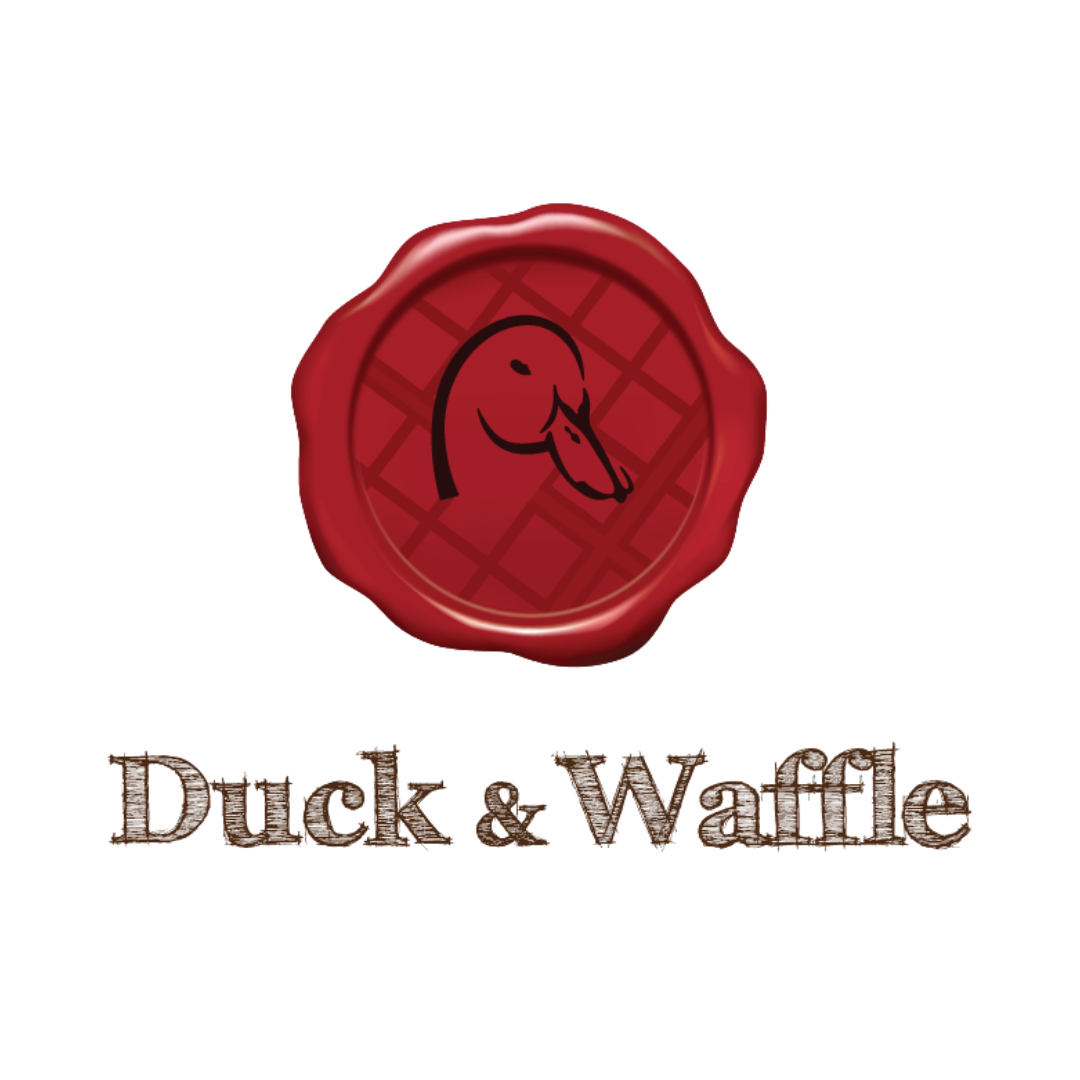 A red wax seal with an illustration of a duck's head inside, with the words 'Duck & Waffle' written below.