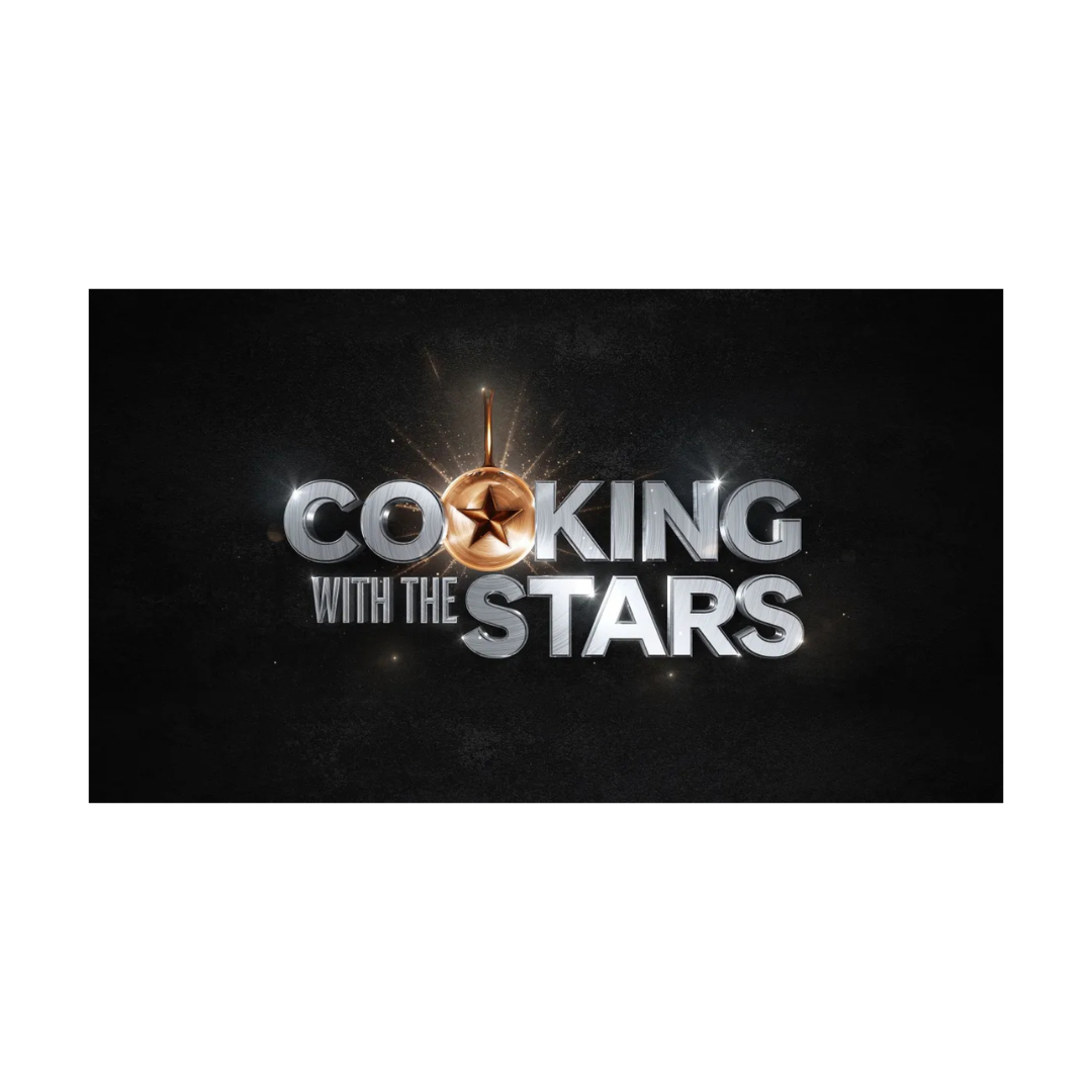 Logo for cooking show 'Cooking with the Stars', featuring metallic silver and bronze text on a dark background, with a star inside a bronze pan replacing the letter 'O'.