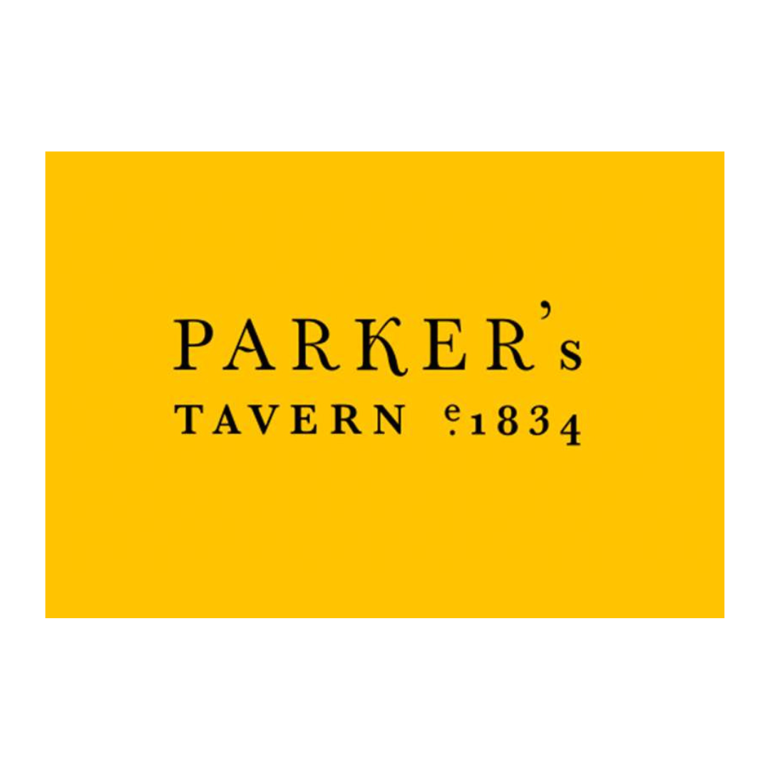 Yellow sign with black text that reads "Parker's Tavern est 1834"