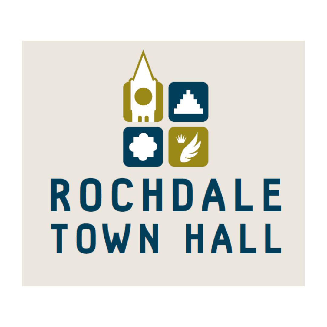 Logo for Rochdale Town Hall featuring a stylized clock tower, four icons representing community services, and the text 'ROCHDALE TOWN HALL'.