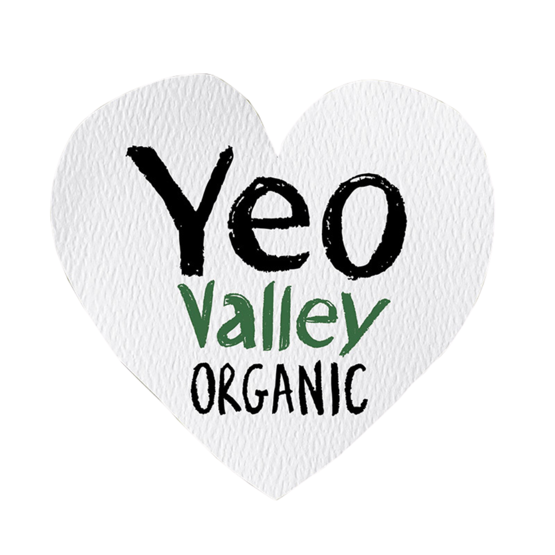 White heart-shaped sticker with black and green text reading "Yeo Valley Organic."