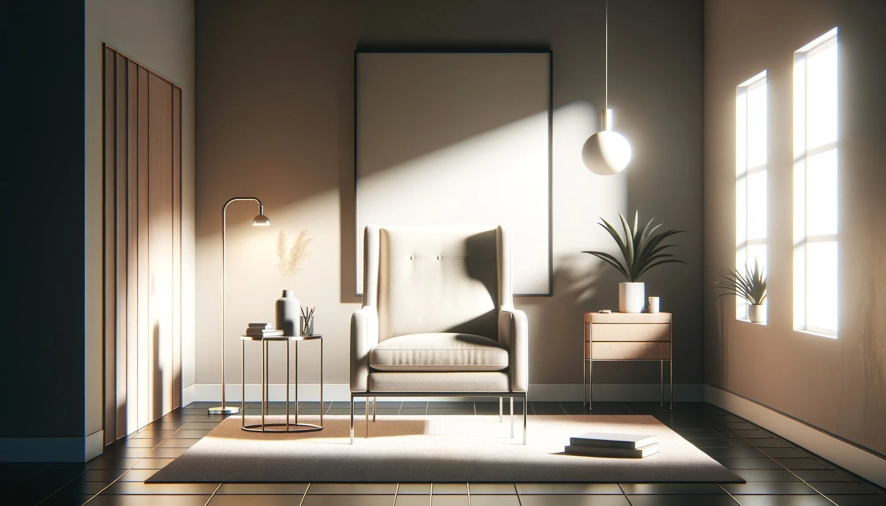 Minimalist living room with beige armchair, side table with books and vases, potted plants, wall art, and sunlight streaming through three tall windows.