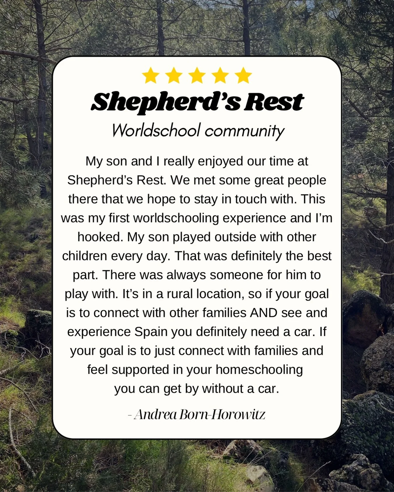 Shepherds Rest Worldschool Community 
Andrea Born-Horowitz - January 2026