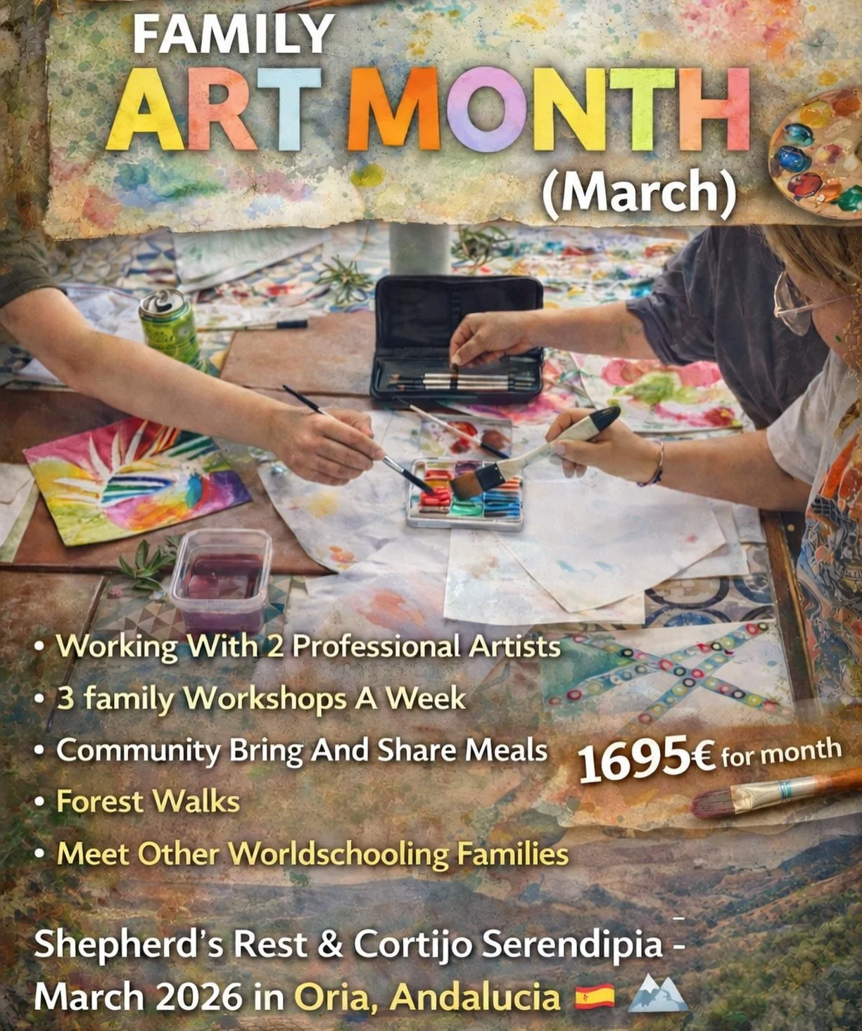 March at Shepherd&rsquo;s Rest is Art &amp; Creativity Month! PM to secure your place today.

Last minute availability for an art loving family.. There will be hands-on workshops at our Worldschooling community in rural Andaluc&iacute;a. Work with pr