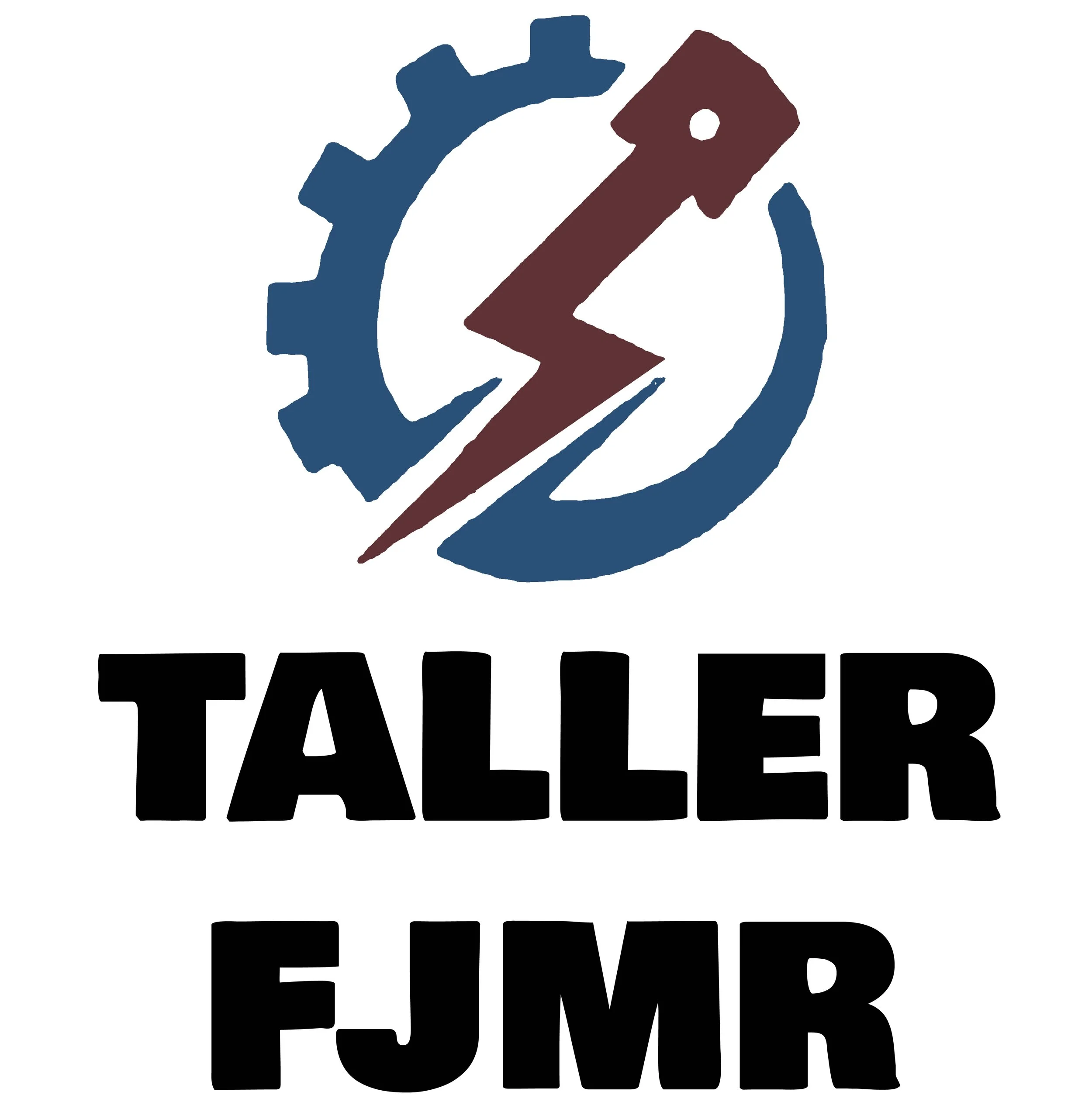 Logo with a gear and a lightning bolt design, text "TALLER FJMR" underneath.