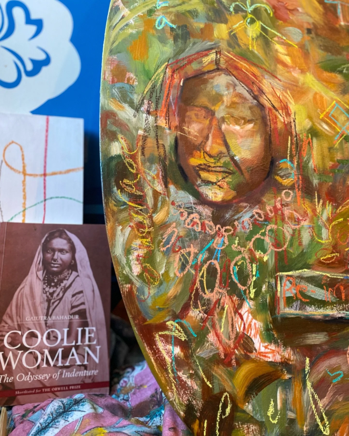 First layer of this new piece. Been reading up on my ancestors stories more as inspiration for my work. 

Acrylic and pastel on repurposed wood (an old skimboard)