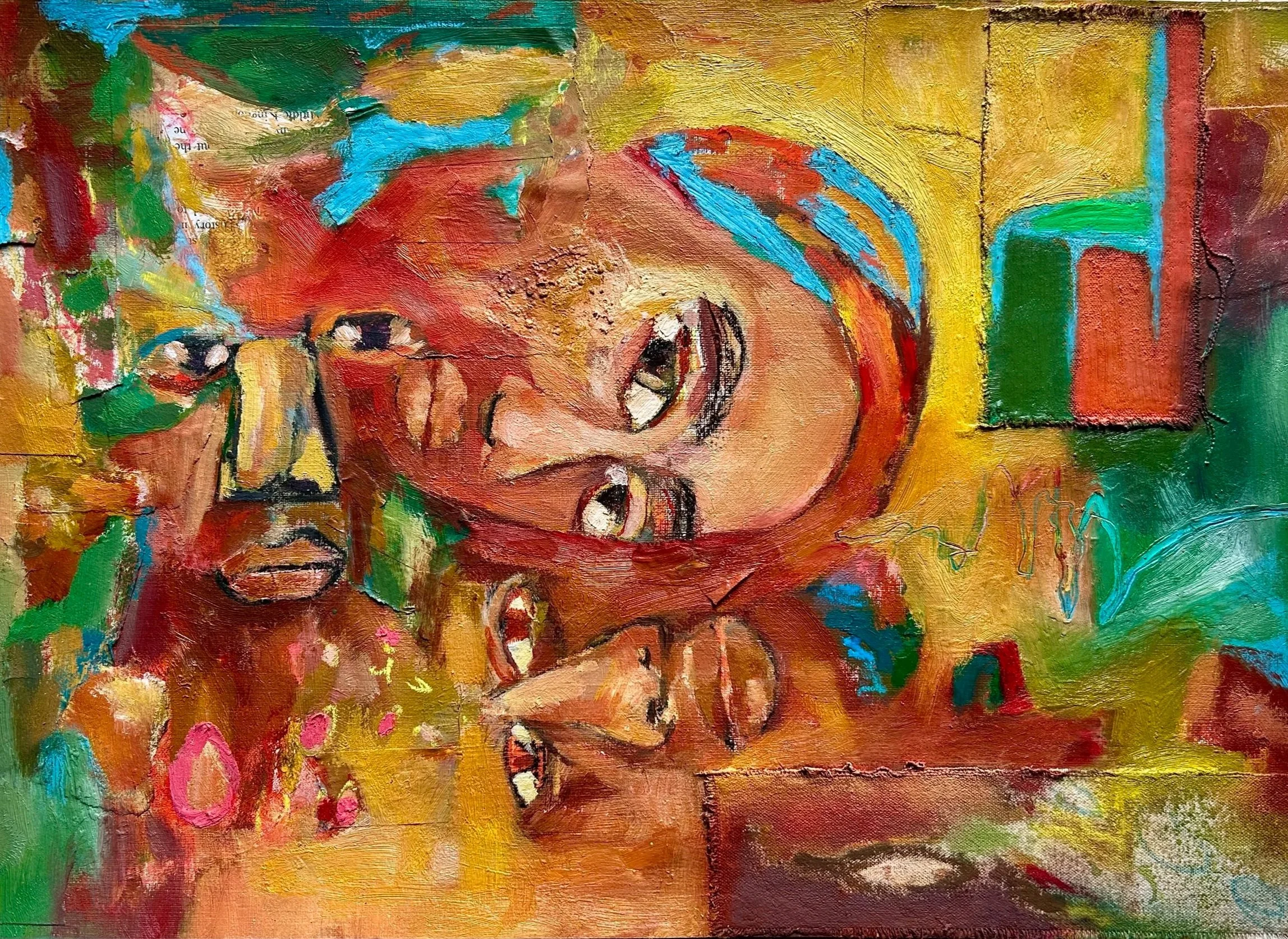 Abstract painting of four faces with expressive features, vibrant colors, and textured brushstrokes.