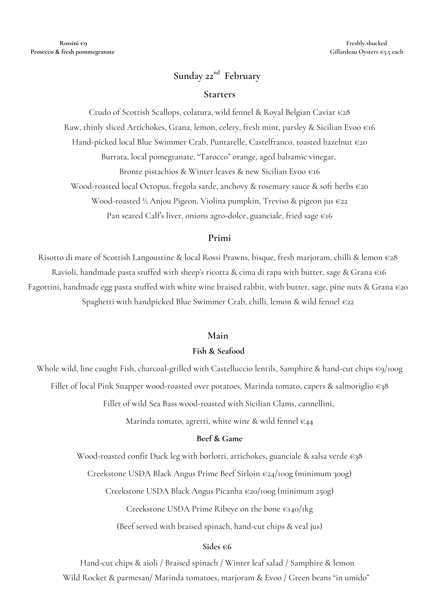 Sunday 22nd February à la carte menu at Terrone — Mediterranean restaurant by the sea in the marina waterfront, Birgu, featuring wild fish, seafood, handmade pasta, and seasonal produce.