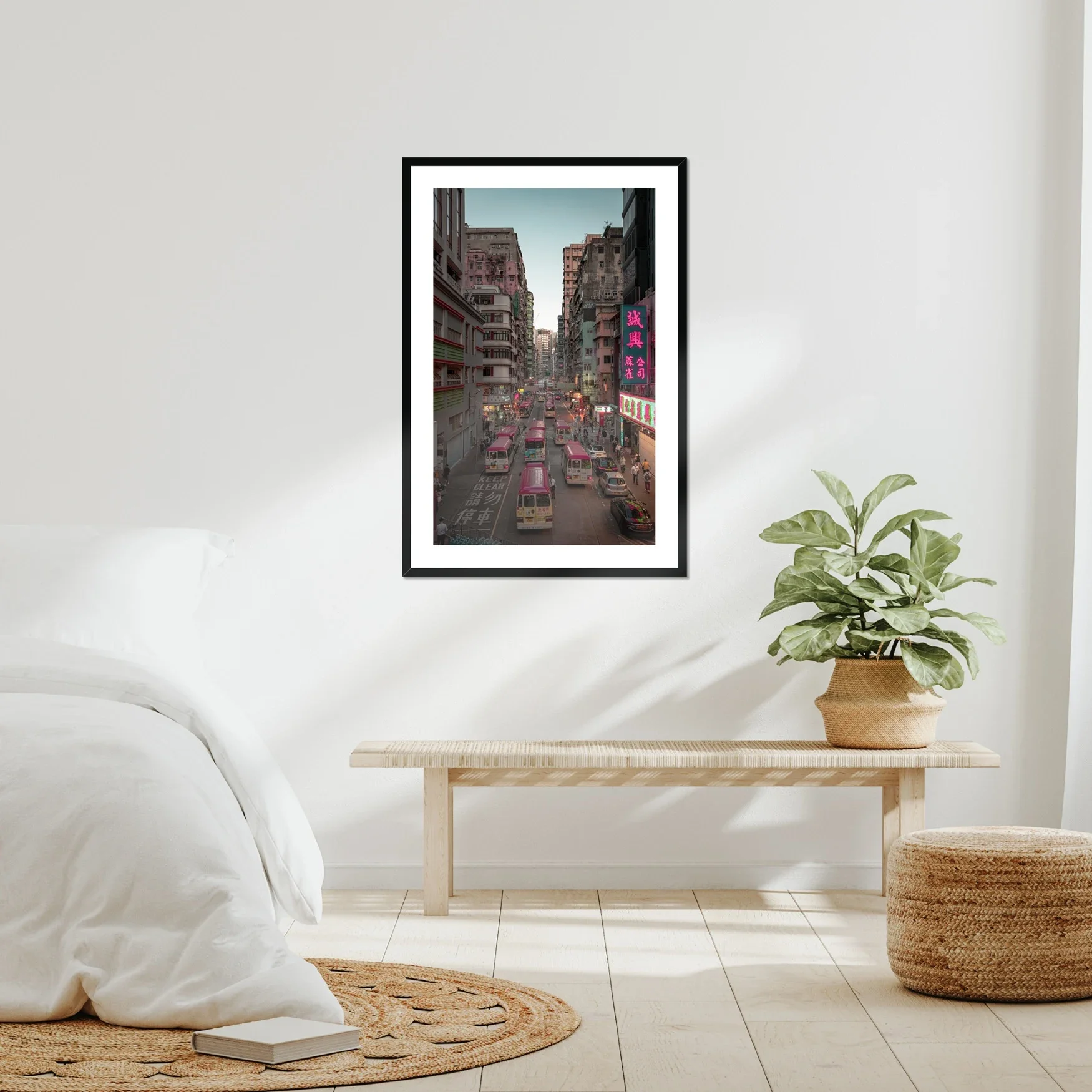 Mong Kok Hong Kong street photography at sunset, red minibuses in traffic, neon signs glowing in Kowloon, cinematic night city lights, urban wall art print.