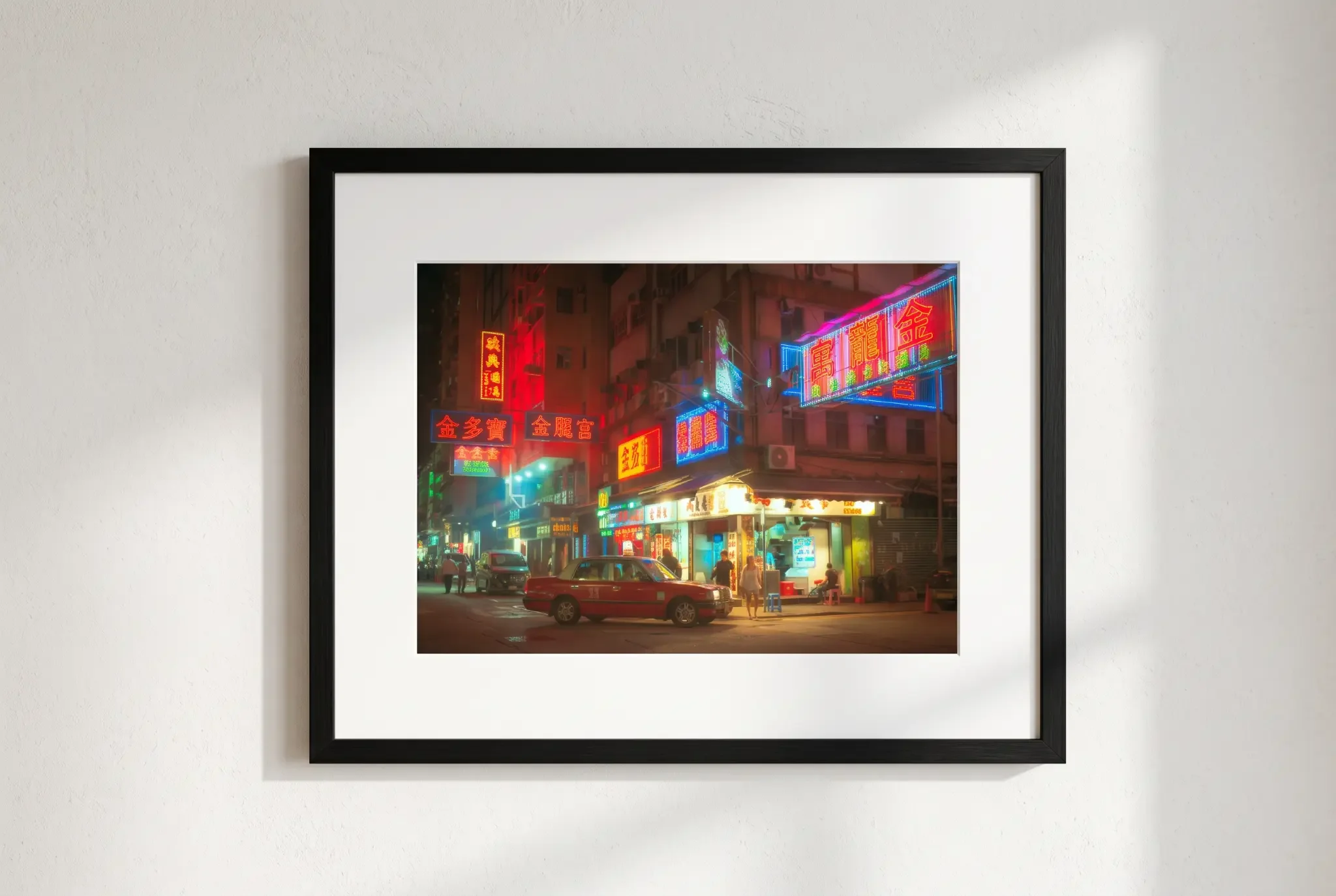 Red Hong Kong taxi parked at a night street corner beneath glowing red, blue and pink neon signs, with a street food stall and pedestrians in the background
