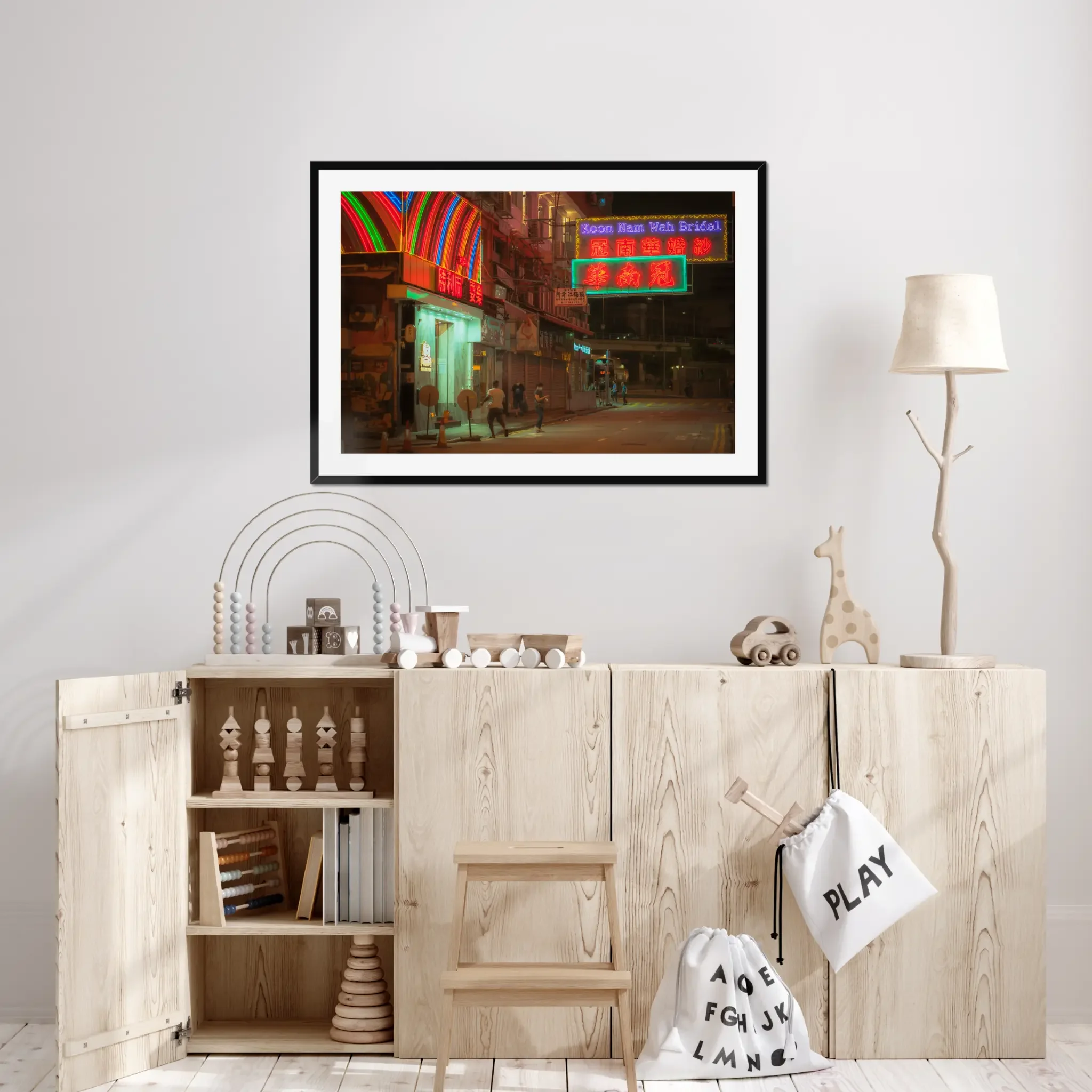 Koon Nam Wah Bridal neon sign print showing rainbow neon arch and bilingual signage in Hong Kong, a landmark that no longer exists