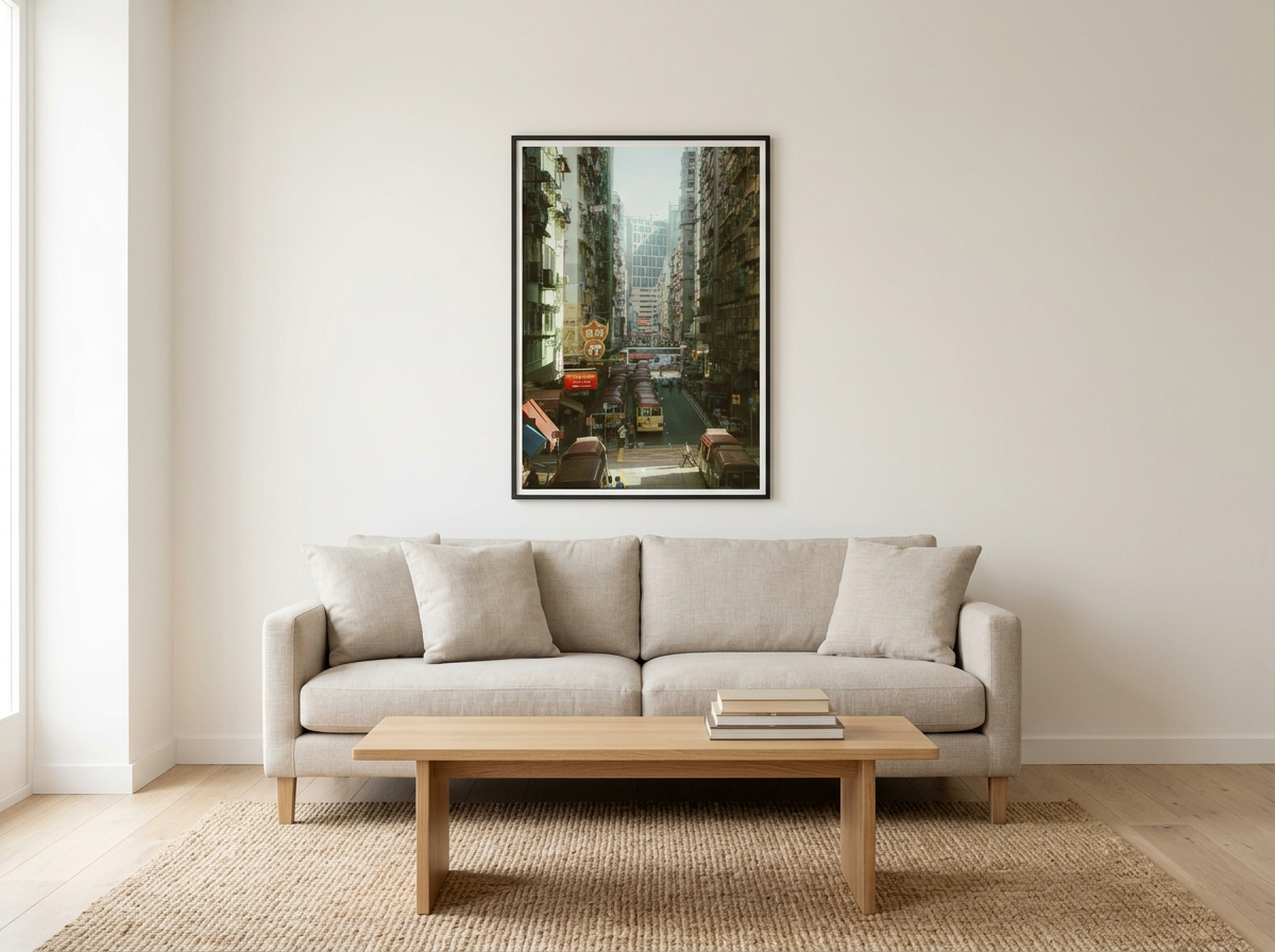 Vintage style street photography of Mong Kok Hong Kong at sunset, golden hour light over minibus stops and city traffic, nostalgic 1980s urban aesthetic, cinematic retro wall art print.