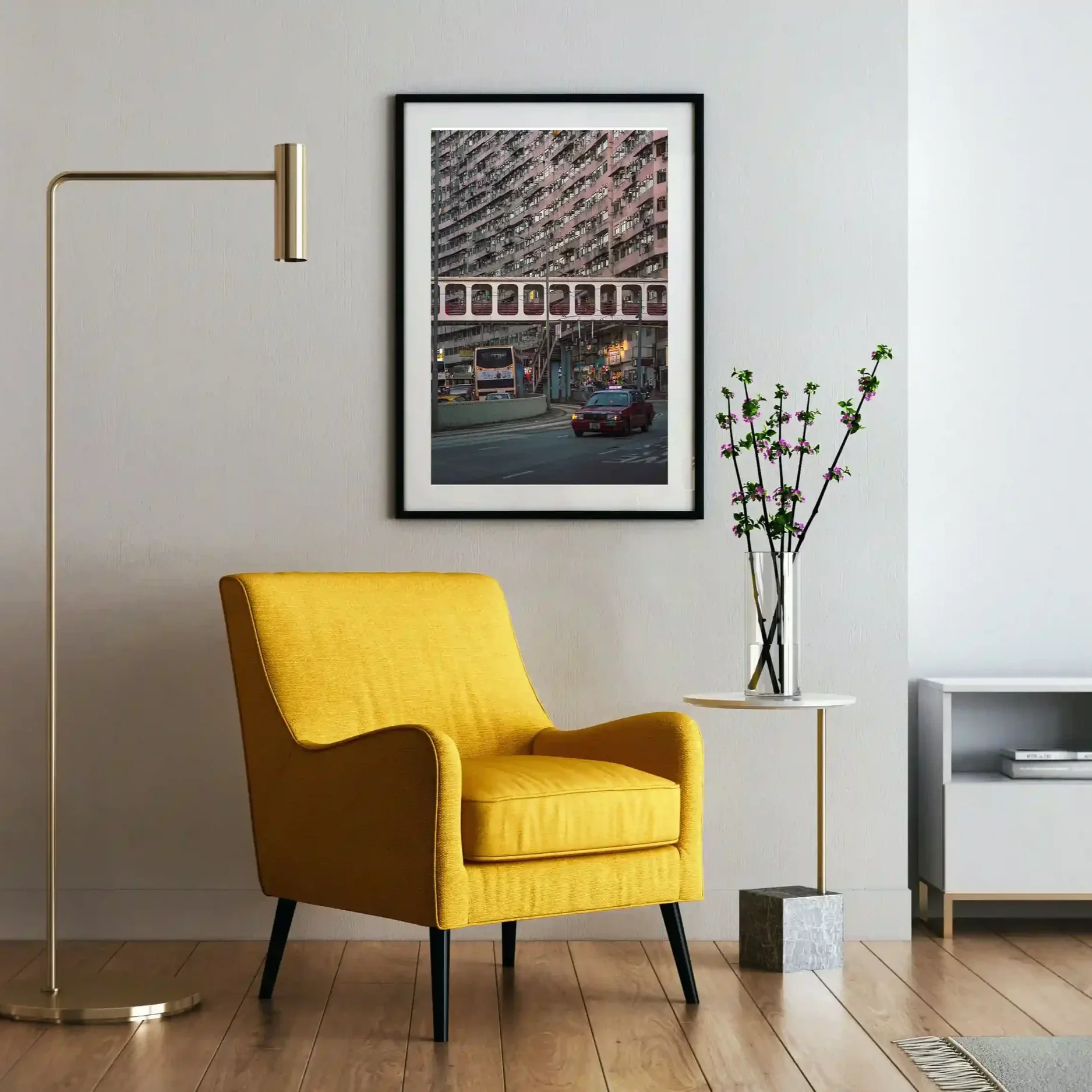 Street photography of a red taxi driving through Quarry Bay, Hong Kong, with historic residential buildings in the background at sunset.