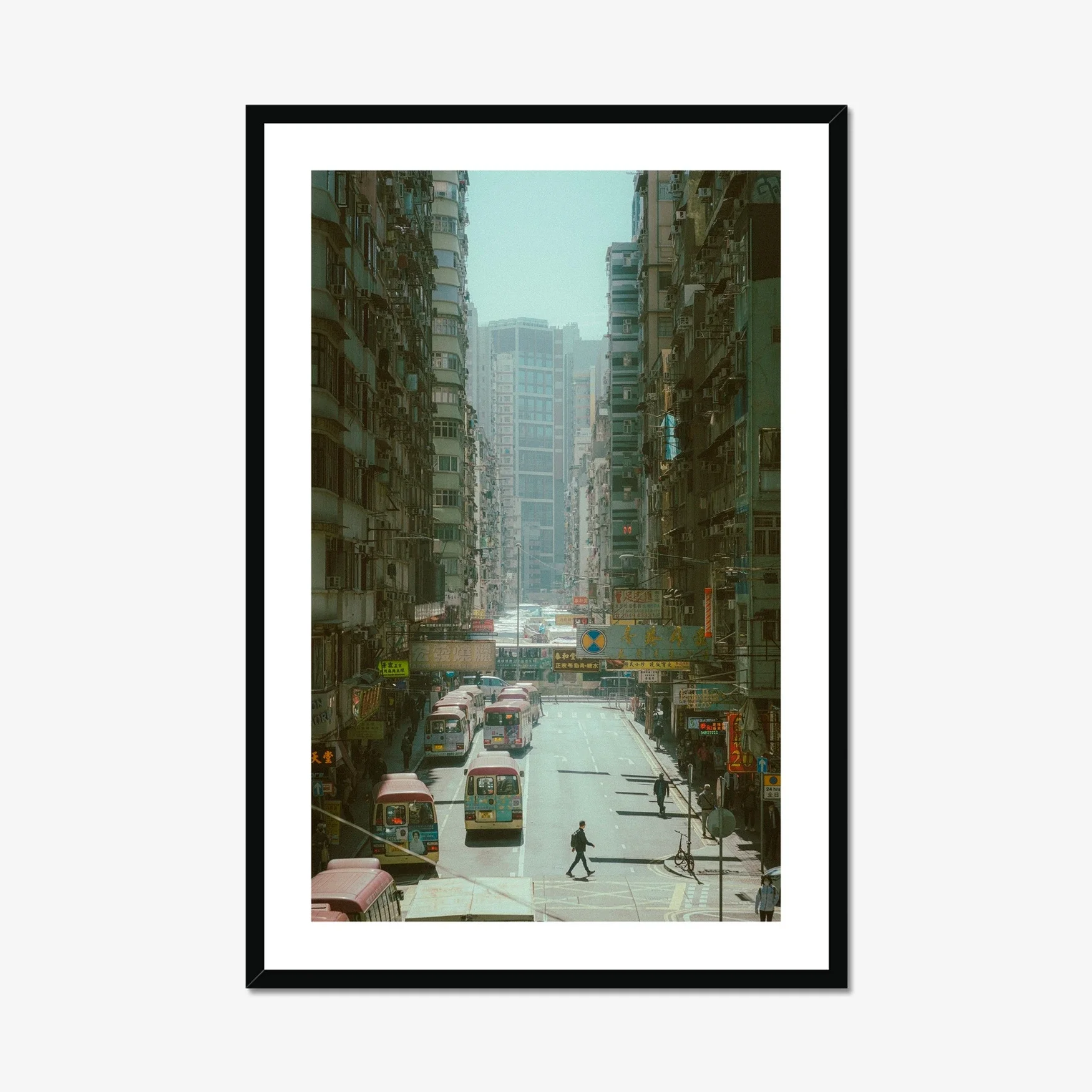 Dynamic street photography in Mong Kok Hong Kong, bustling Kowloon traffic and pedestrians, urban city life print, bright Hong Kong cityscape wall art, architectural density photography.