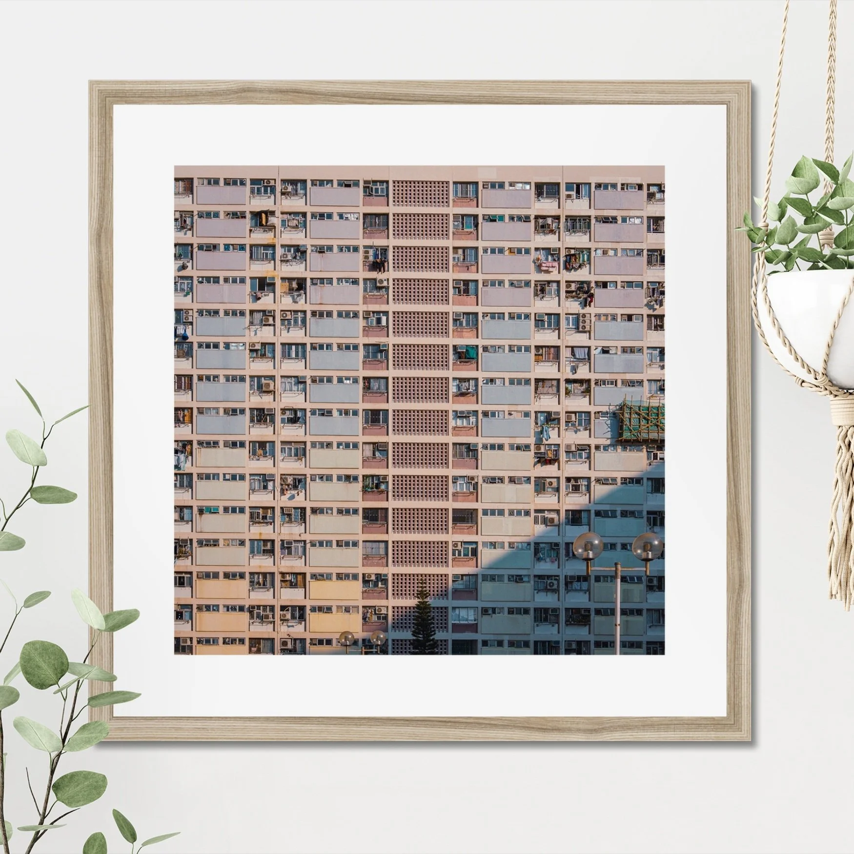 Choi Hung Estate rainbow buildings photography, Hong Kong basketball court urban scene, pastel colored apartment blocks, cinematic street photography print, Kowloon architectural wall art.