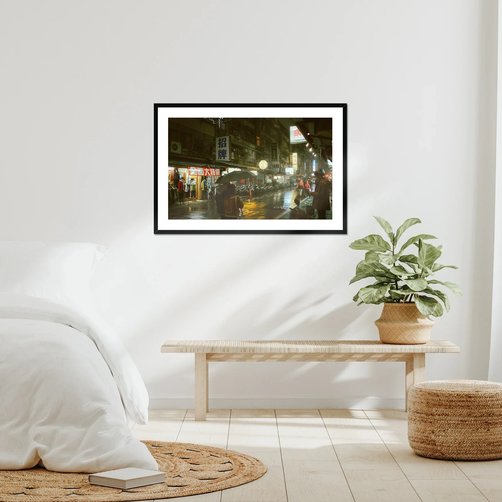 Professional night photography of a rainy Taipei street with glowing neon signs, people under umbrellas, and reflections on the wet asphalt in a cyberpunk style.