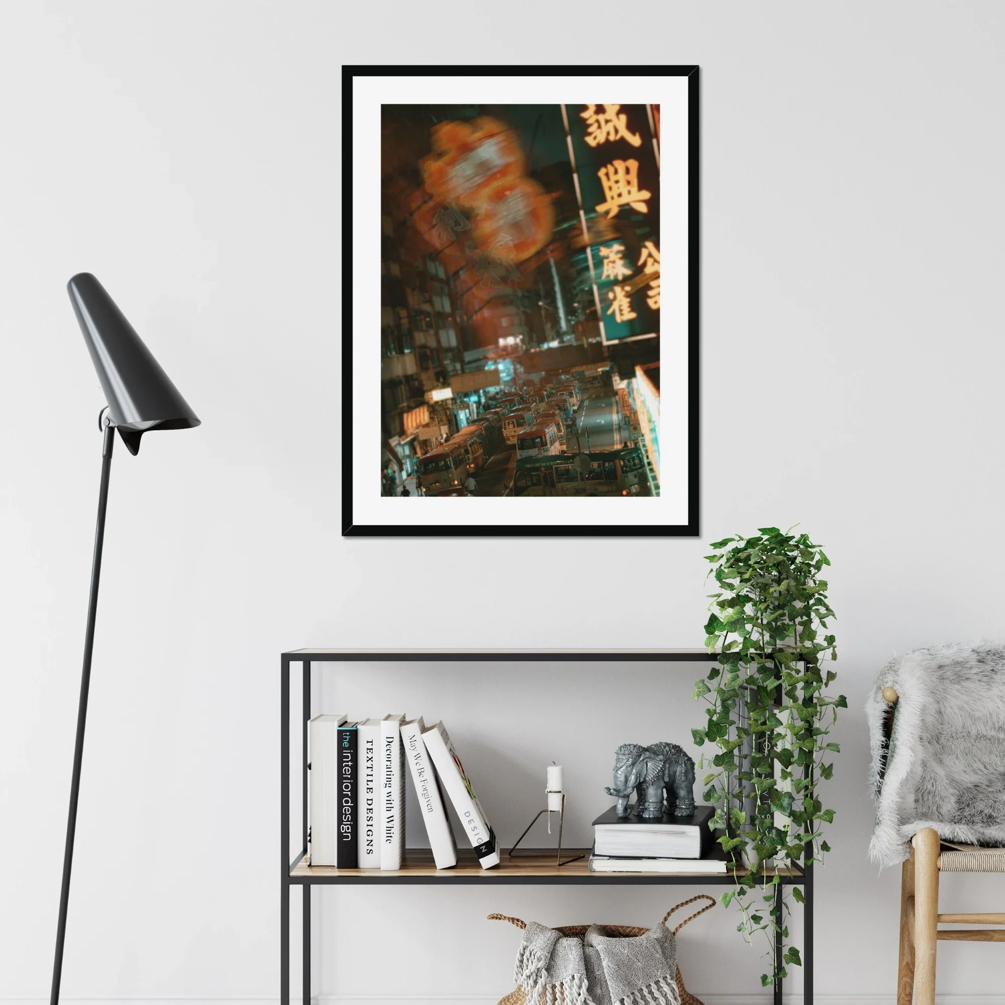 Cinematic night photography of a green minibus stop in Mong Kok, Hong Kong, surrounded by glowing red and green neon signs and a traditional pawn shop lantern.