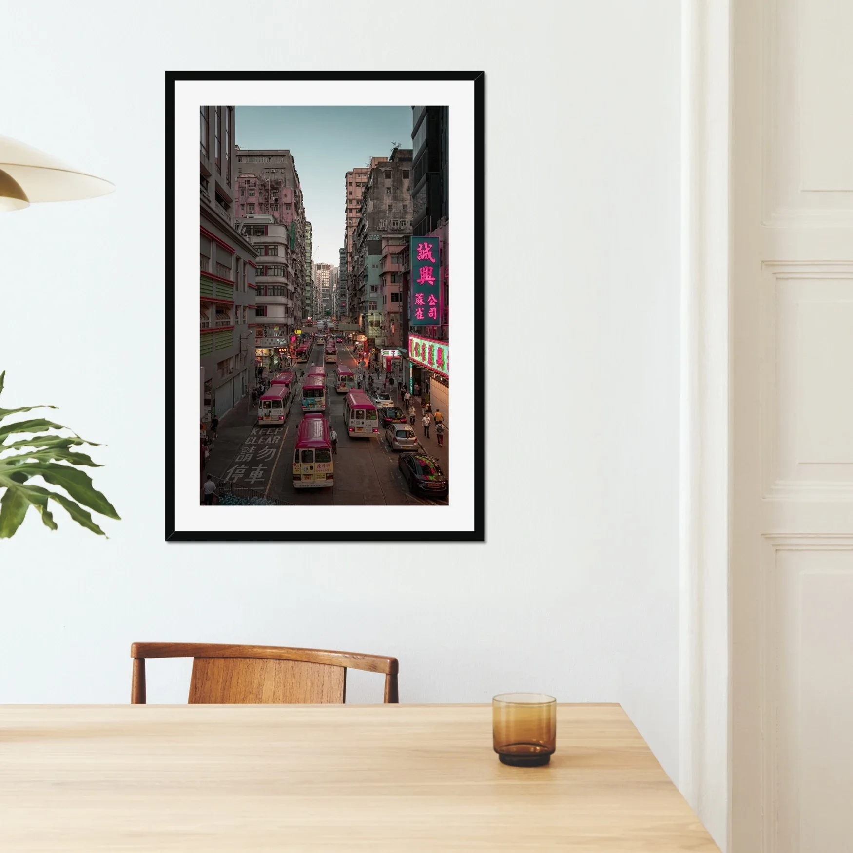 Mong Kok Hong Kong street photography at sunset, red minibuses in traffic, neon signs glowing in Kowloon, cinematic night city lights, urban wall art print.