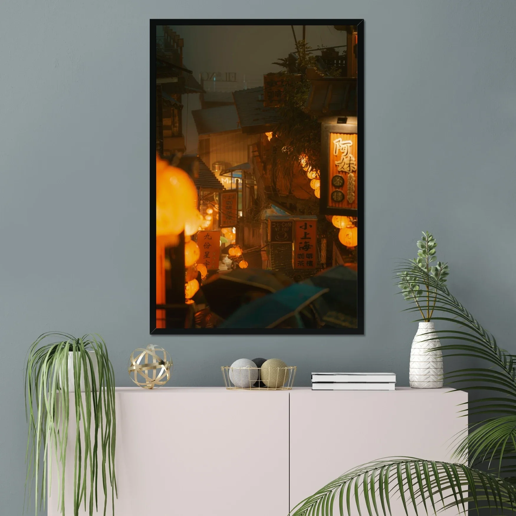 Rainy night photography of Jiufen Old Town in Taiwan with glowing red lanterns reflecting on wet streets in a cinematic style.