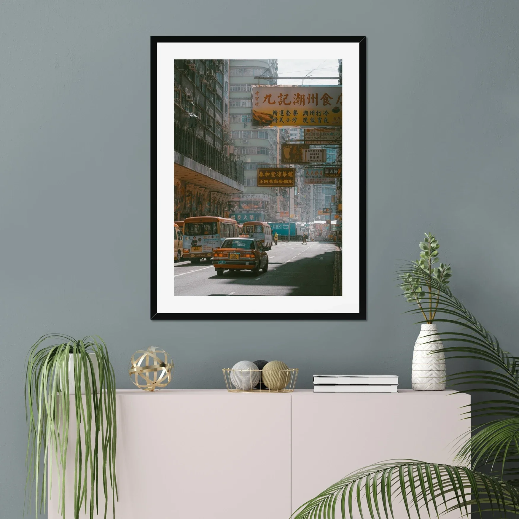 Iconic Hong Kong red taxi in Mong Kok street, morning haze and urban signs photography, cinematic Kowloon street scene, moody urban wall art print, Hong Kong city life photography.