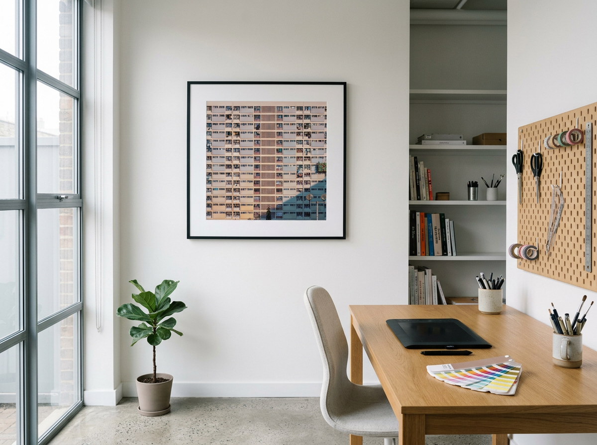 Choi Hung Estate rainbow buildings photography, Hong Kong basketball court urban scene, pastel colored apartment blocks, cinematic street photography print, Kowloon architectural wall art.