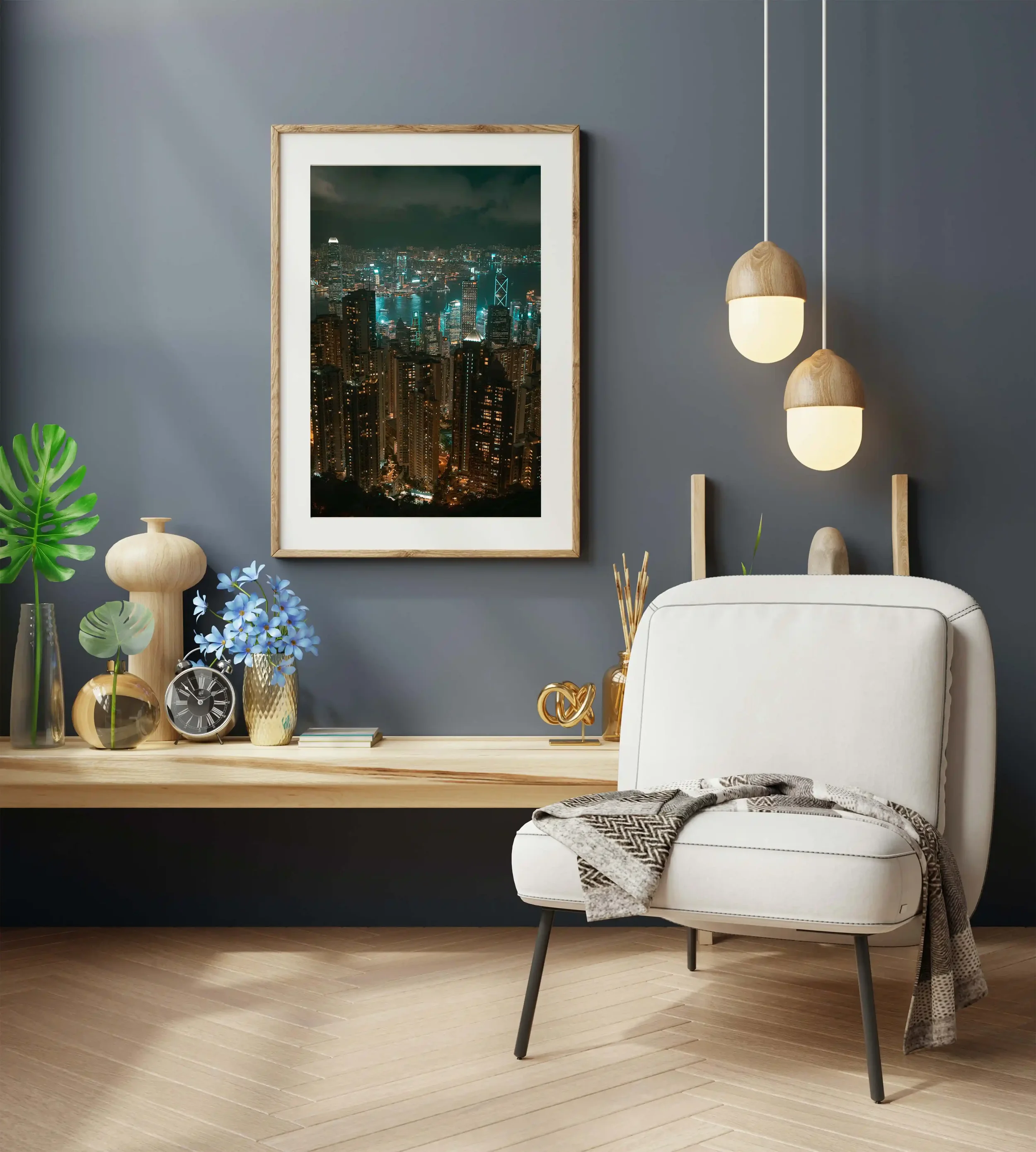 Panoramic night photography of Hong Kong skyline from Victoria Peak with glowing skyscrapers and futuristic blue tones.