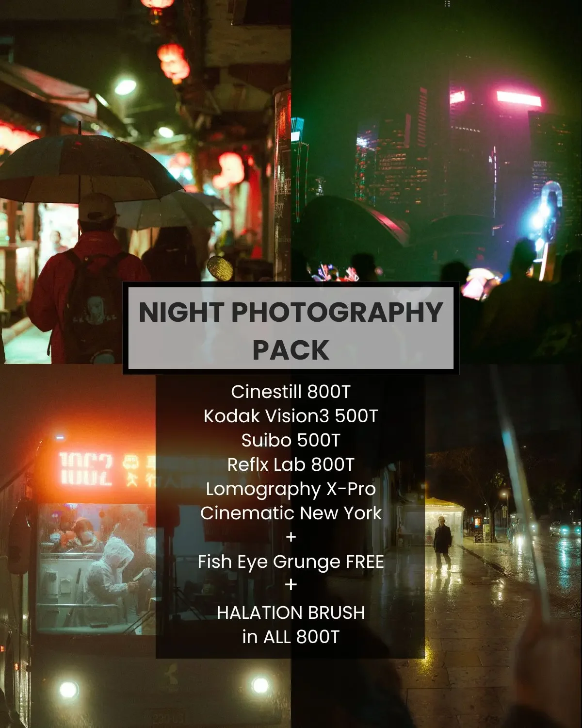 Before/After: Cinestill 800T on urban night photo. Transforms flat digital shadows into cinematic teal with rich film grain.