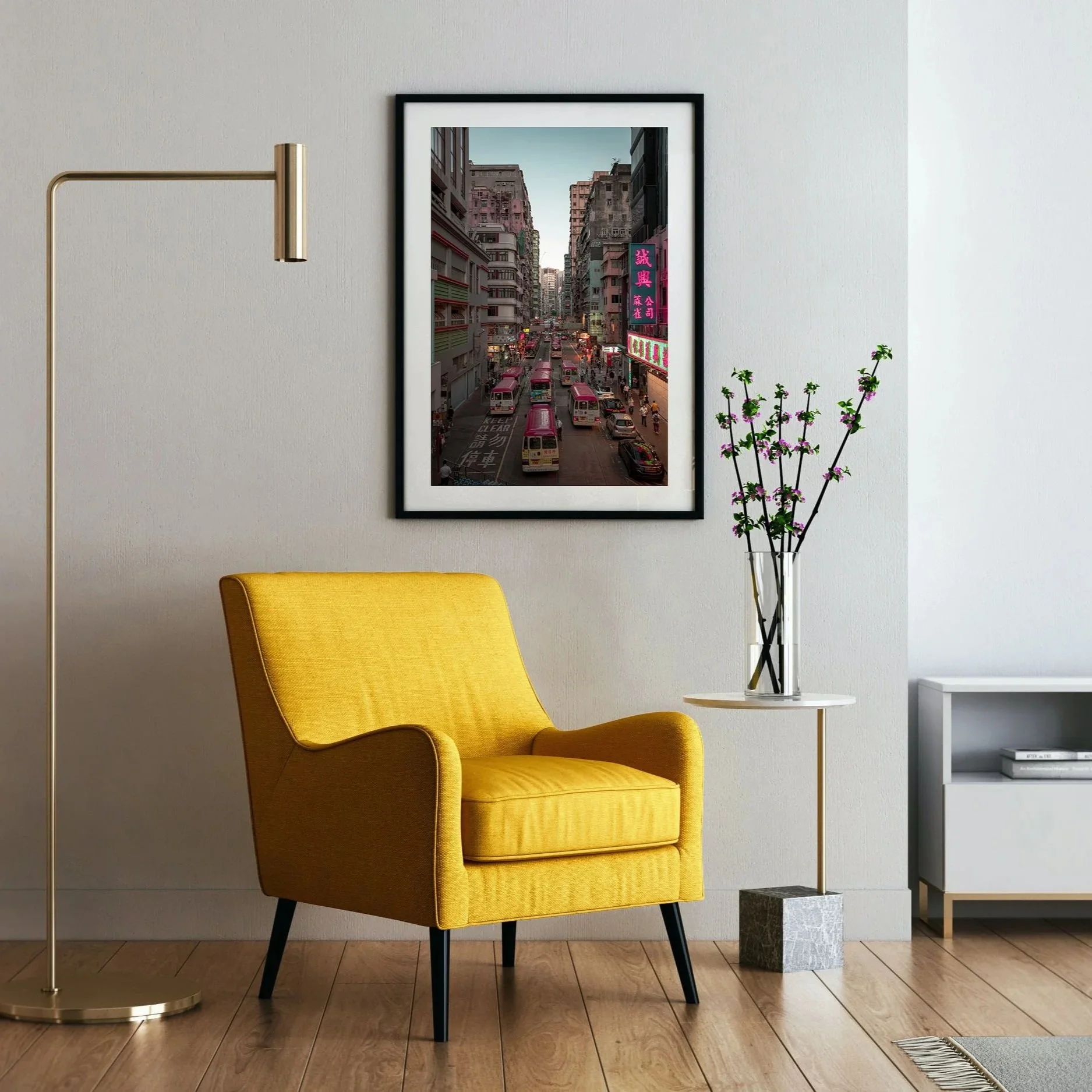 Mong Kok Hong Kong street photography at sunset, red minibuses in traffic, neon signs glowing in Kowloon, cinematic night city lights, urban wall art print.