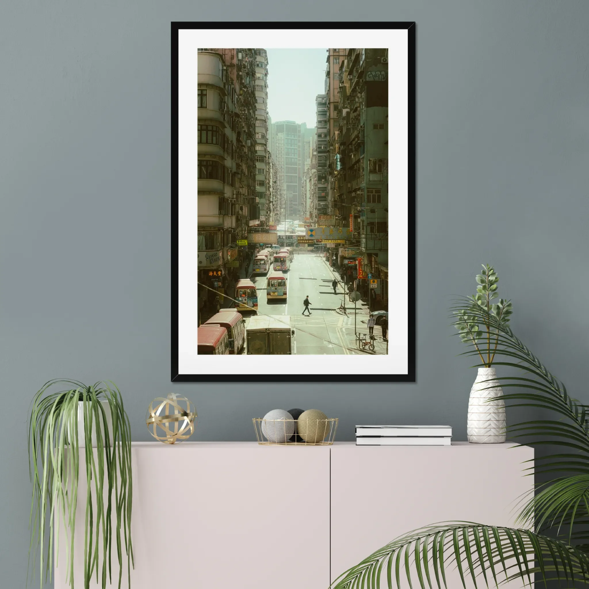 Dynamic street photography in Mong Kok Hong Kong, bustling Kowloon traffic and pedestrians, urban city life print, bright Hong Kong cityscape wall art, architectural density photography.