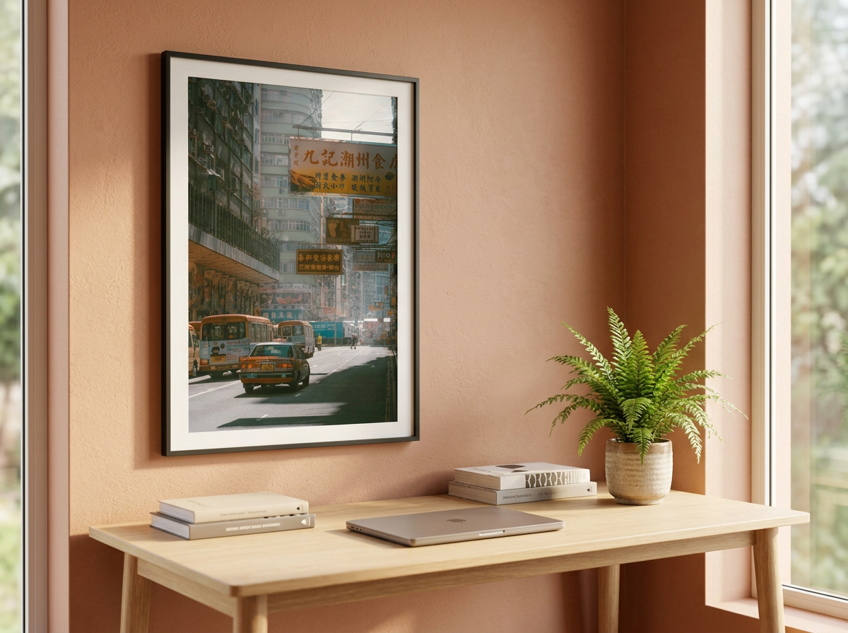 Iconic Hong Kong red taxi in Mong Kok street, morning haze and urban signs photography, cinematic Kowloon street scene, moody urban wall art print, Hong Kong city life photography.