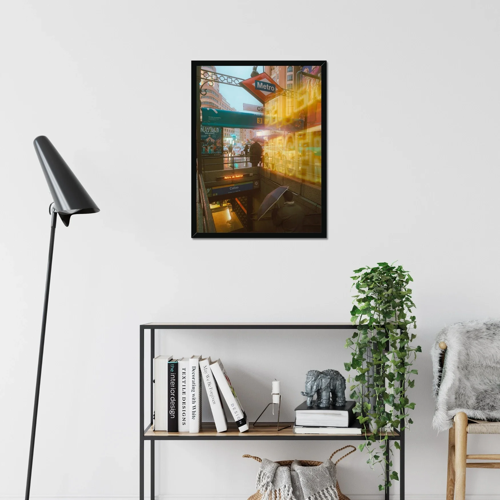 Artistic street photography of the Callao Metro sign in Madrid at night, featuring a rainy Gran Via, the Capitol building, and a subtle double exposure with vintage LED lights.