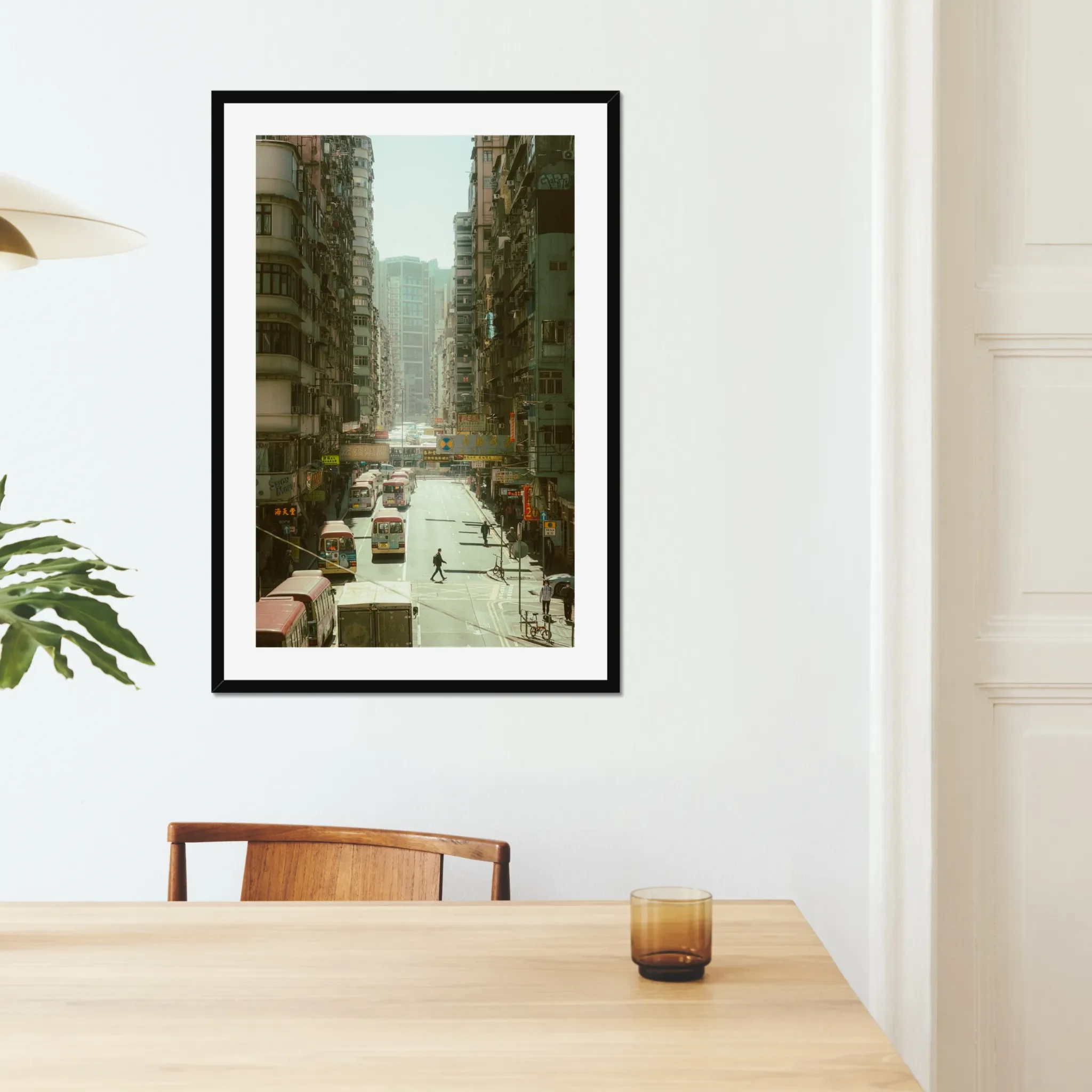 Dynamic street photography in Mong Kok Hong Kong, bustling Kowloon traffic and pedestrians, urban city life print, bright Hong Kong cityscape wall art, architectural density photography.