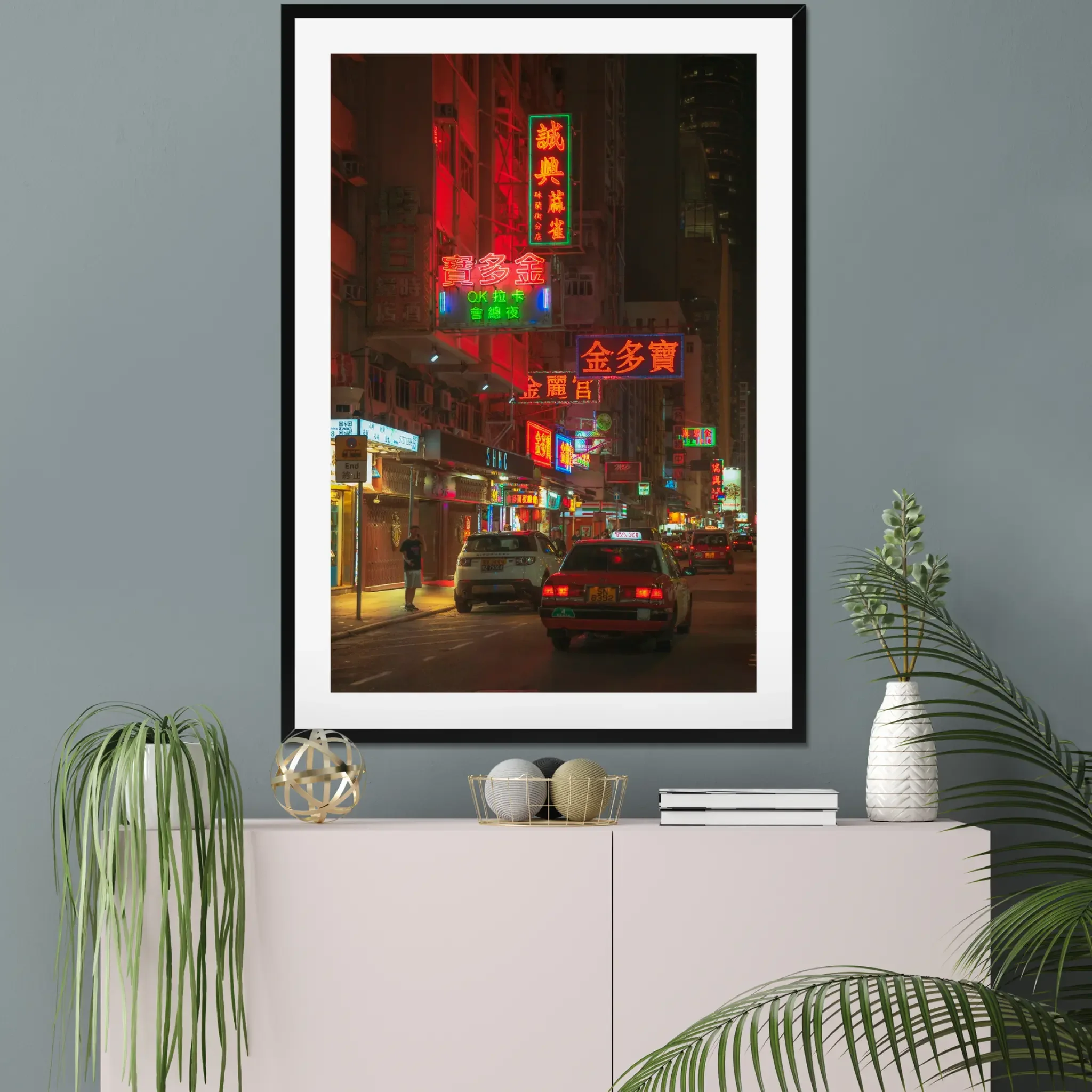 Mong Kok street photography print showing neon signage and a solitary figure at night in Hong Kong